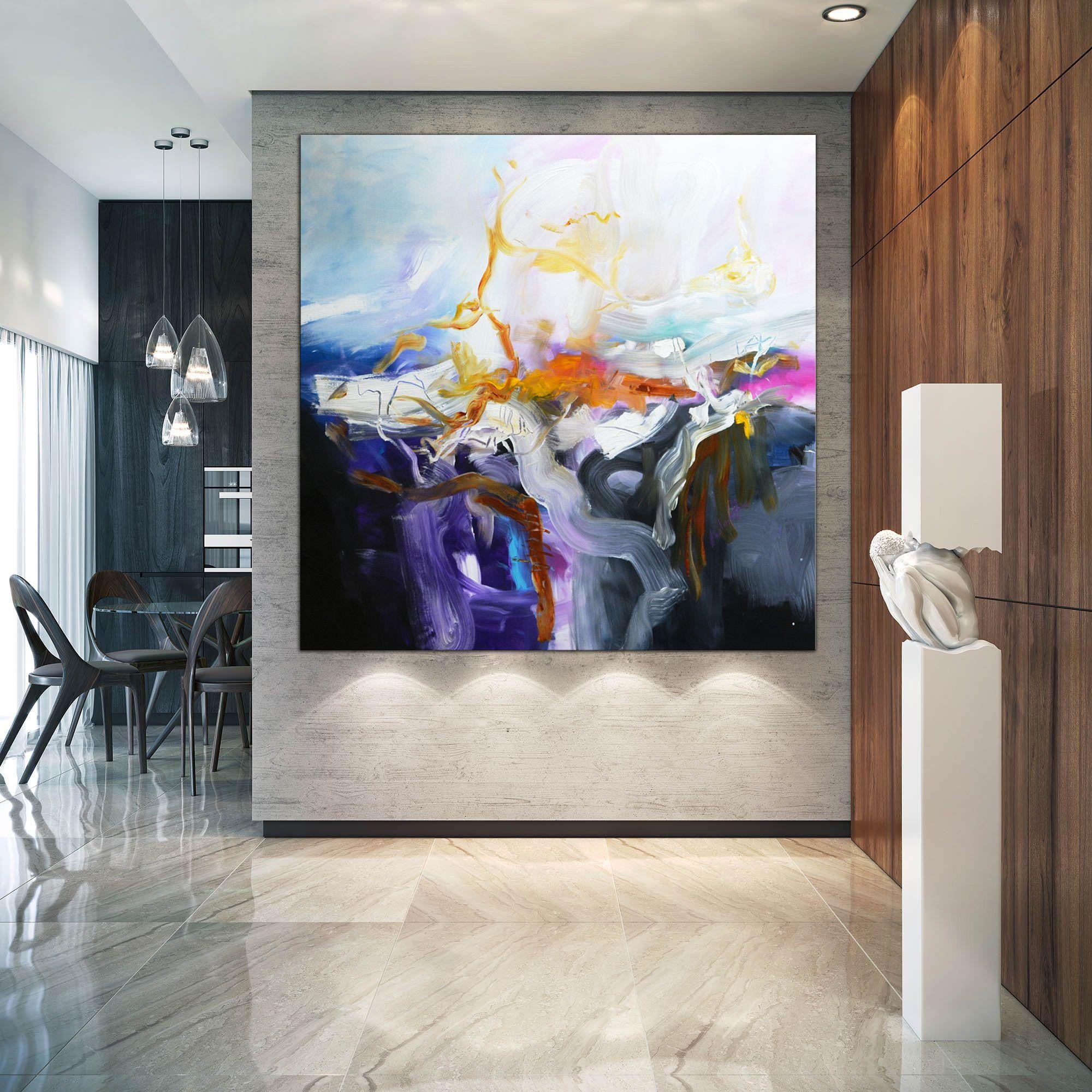 Very large abstract painting, original bold art, purple, pink, white and black expressionist art, one of a kind. This work is a great conversation starter. Perfect painting for a very large wall.  - Title: The origin of the moment - A RADIOGRAPH OF