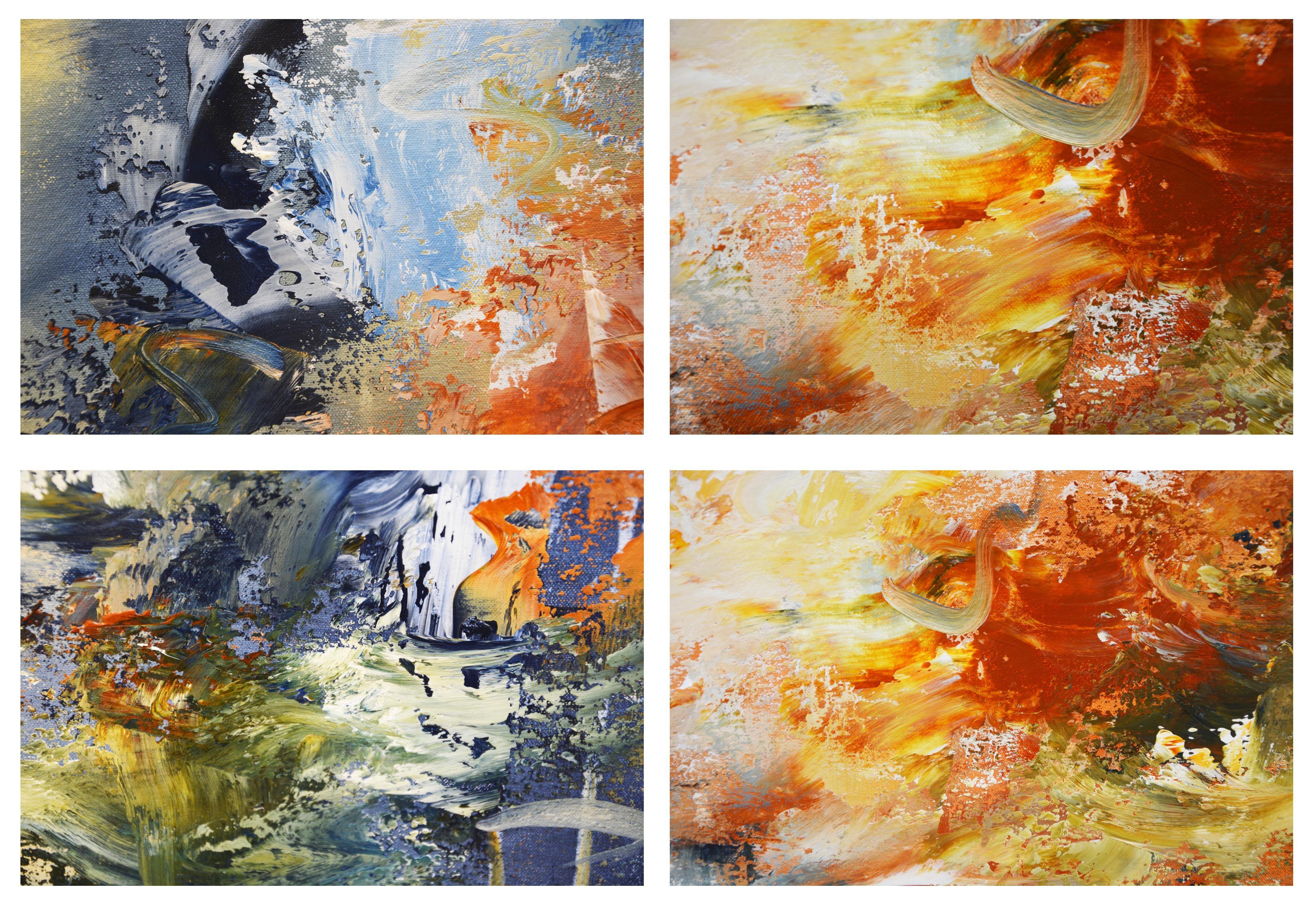 Originale pittura orizzontale multicolore su toni di terra come l'arancio ruggine, il crema, il beige e il grigio di Payne, il blu di Prussia, il verde linfa e il bianco.  - Titolo: L'esplorazione definitiva  - Supporto: tela arrotolata, verrà