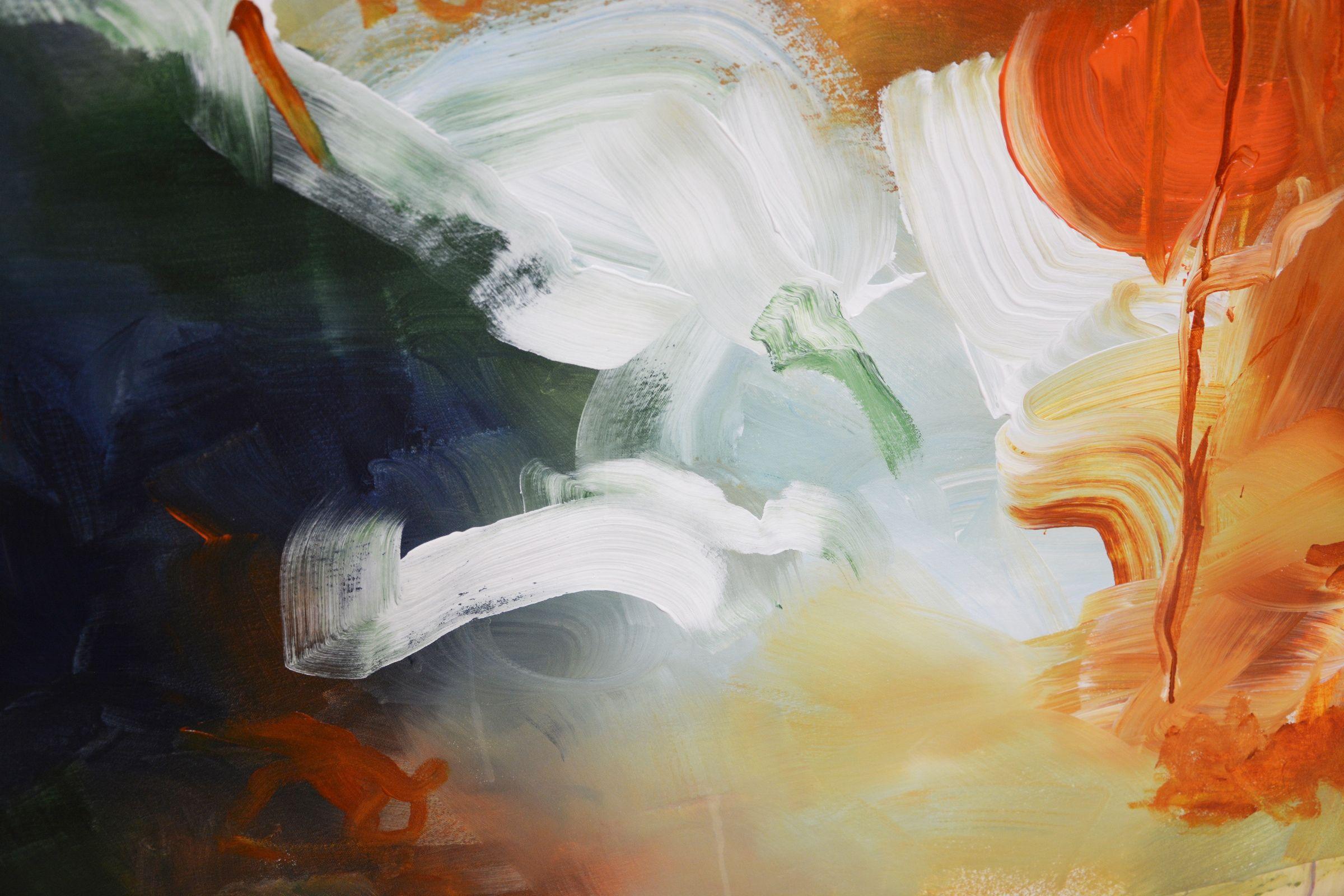 Abstracto audaz de gran tamaño sobre lienzo, pintura gestual expresiva. Se trata de un cuadro único en su género. ¡Impresionante en la vida real!  - Título: La turbulenta frivolidad de la naranja  - Técnica: acrílico  - Soporte: lona enrollada  -