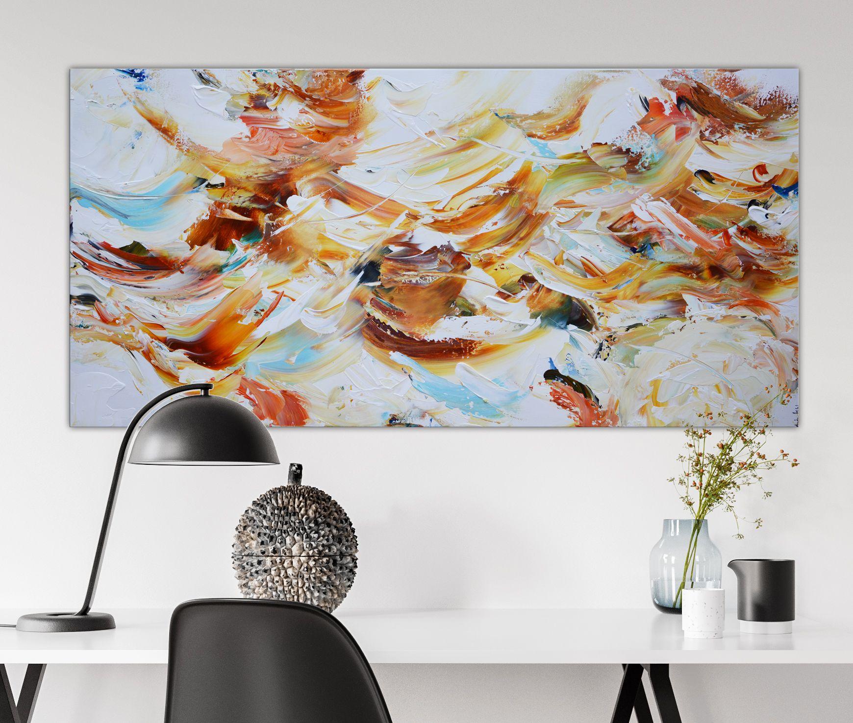 Waves and foam, Painting, Acrylic on Canvas - Beige Abstract Painting by Andrada Anghel