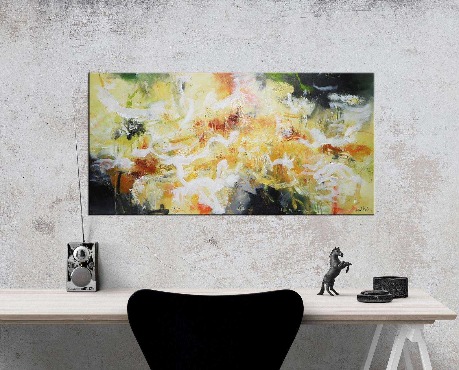 Beautiful large abstract painting with yellow, green and orange rust, great conversation starter.  - Title: Yellow blossom  - Medium: Mixed media  - Support: canvas, ready to hang  - Size: 24