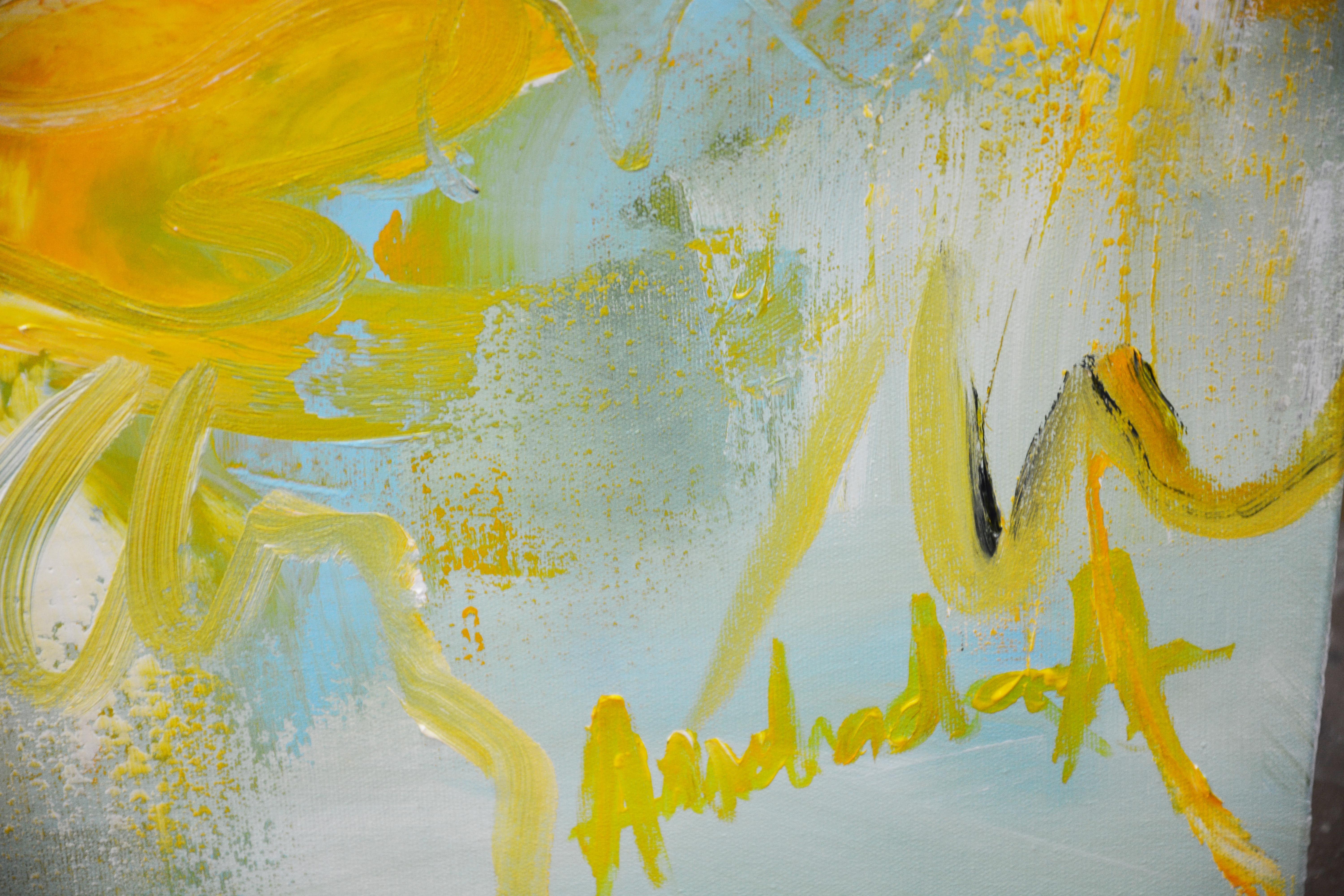 Este cuadro abstracto de colores modernos fue creado con pintura acrílica profesional sobre lienzo y tiene bellos tonos azules, amarillos, verdes claros y blancos. Me recuerda la belleza del océano y me dan ganas de sumergirme profundamente y tocar