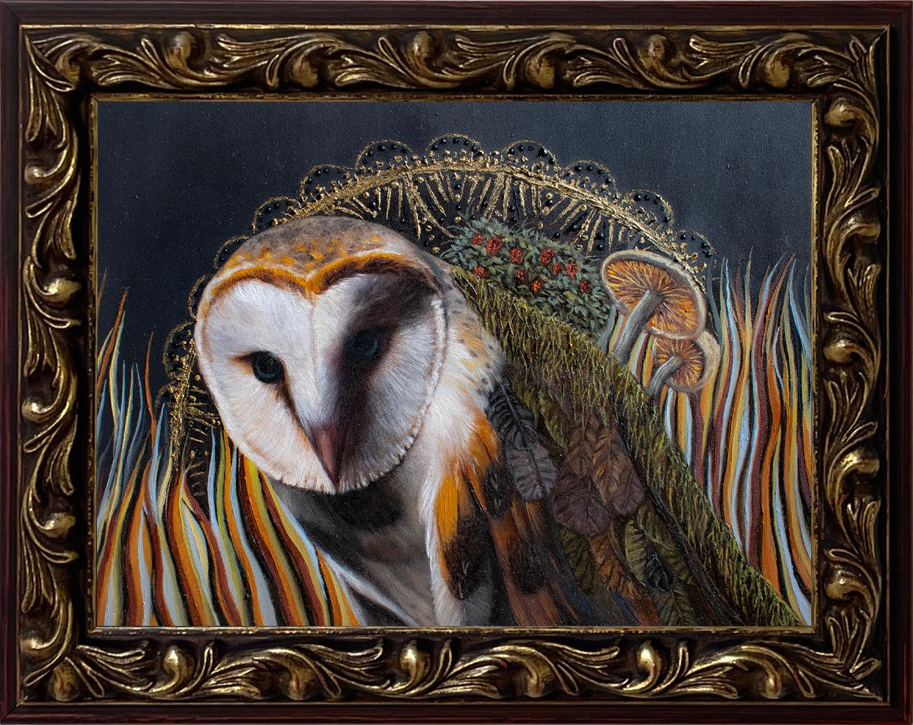 Andrada Trapnell's "Dream Catcher" is a captivating original artwork created in 2023. This piece measures 6 x 8 x 0.10 inches (15.24 x 20.32 x 0.25 cm) and features a masterful blend of oil on board. The painting portrays a striking barn owl with