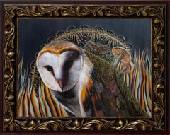 Peinture à l'huile originale de Andrada Trapnell, Hibou rêveur avec cadre orné