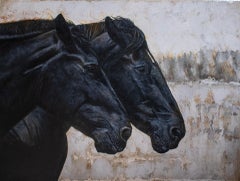 Andrada Trapnell's 'Shadows' Original Pair of Black Horses Oil Painting 