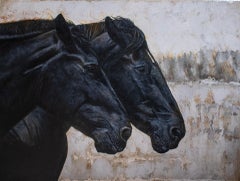 Peinture à l'huile originale « Shadows » d'Andrada Trapnell représentant une paire de chevaux noirs