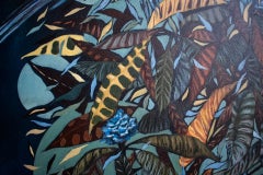 "Coriandoli di vita" Pittura ad olio originale, due uccelli blu con foglie a fantasia