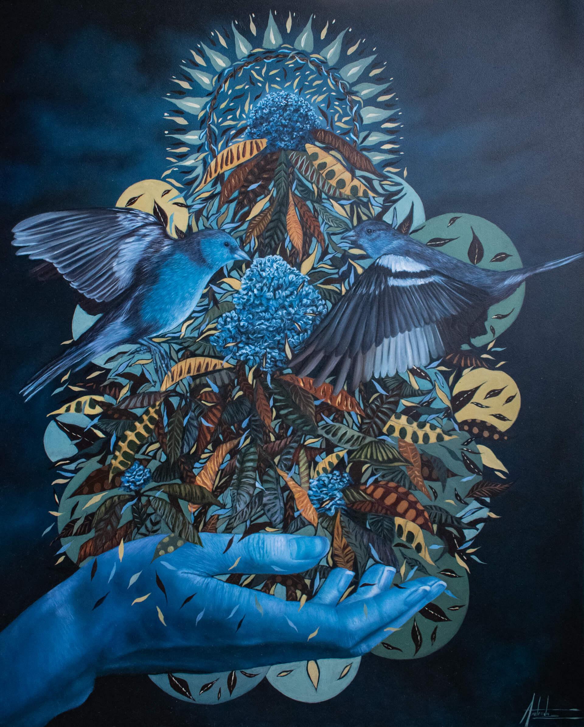 "Confetti of Life" Original Oil Painting, Two Blue Birds with Patterned Leaves