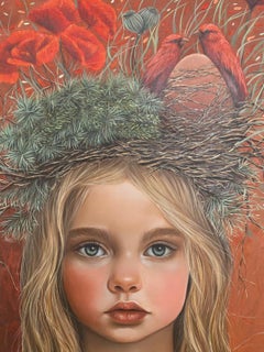 "Poppy" - Surrealistisches Porträt einer jungen Frau, Ölgemälde auf Karton