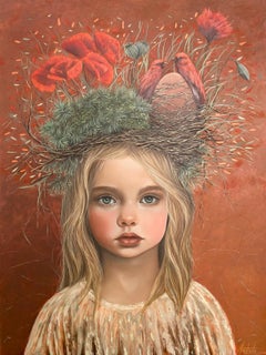"Poppy" - Surrealistisches Porträt einer jungen Frau, Ölgemälde auf Karton