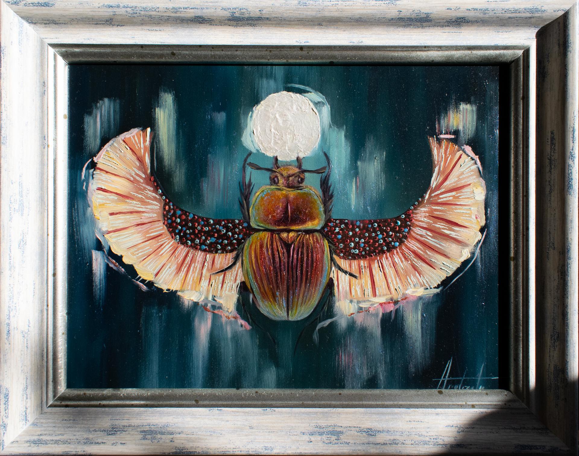„Scarab Totem“ (2024) von Andrada Trapnell, Original-Ölgemälde auf Karton im Angebot 1