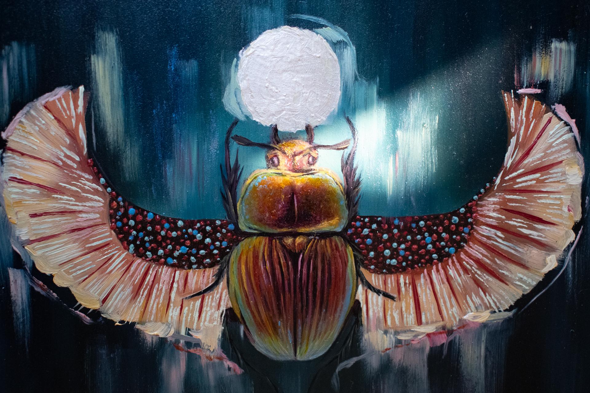 "Totem Scarabeo" (2024) di Andrada Trapnell, Pittura a olio originale su tavola