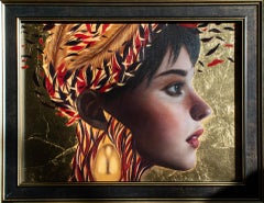 "Verità" (2024) di Andrada Trapnell, Pittura ad olio originale, foglia d'oro, Ritratto