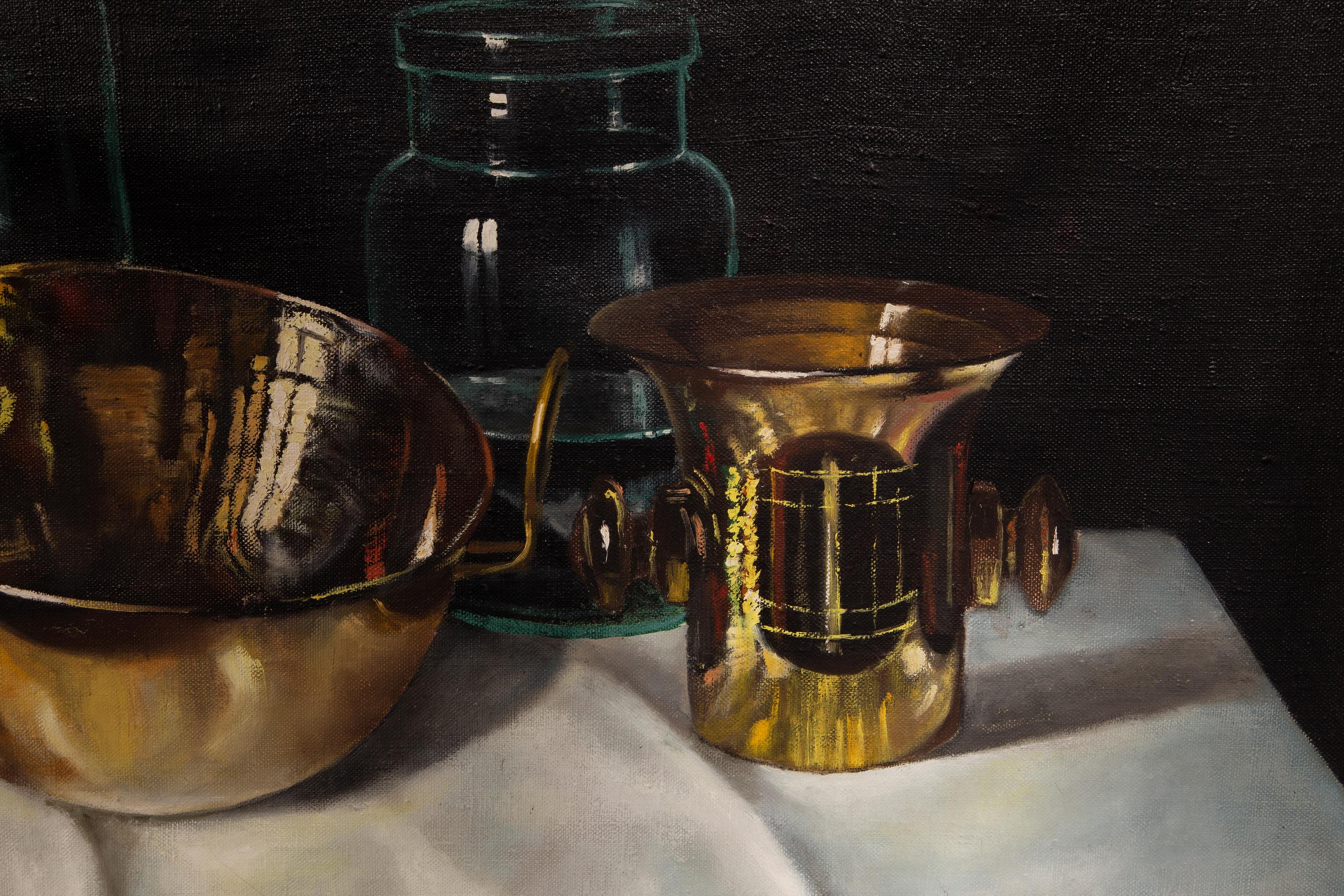 A Photorealist Still Life of several metal and glass containers on a covered surface. This oil painting by Andras Gombar is signed in the lower right.

Vases Still Life
András Gombár, Hungarian (1946)
Date: circa 1980
Oil on Canvas, signed lower
