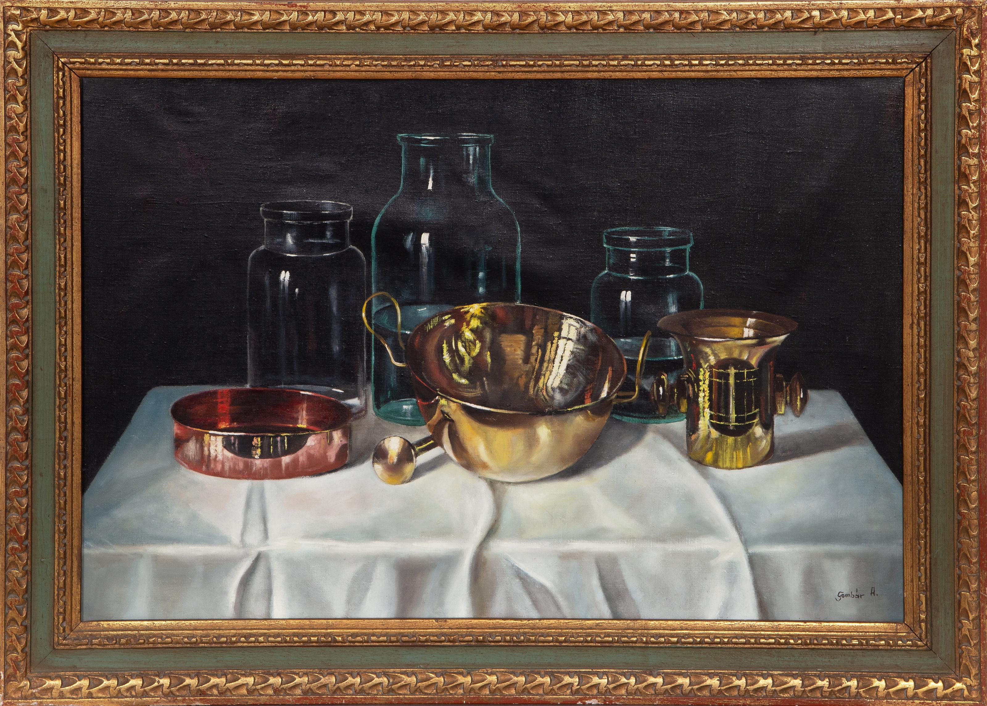 Andras Gombar Still-Life Painting – Vasen Stilleben, Fotorealist Öl auf Leinwand Gemälde von András Gombár