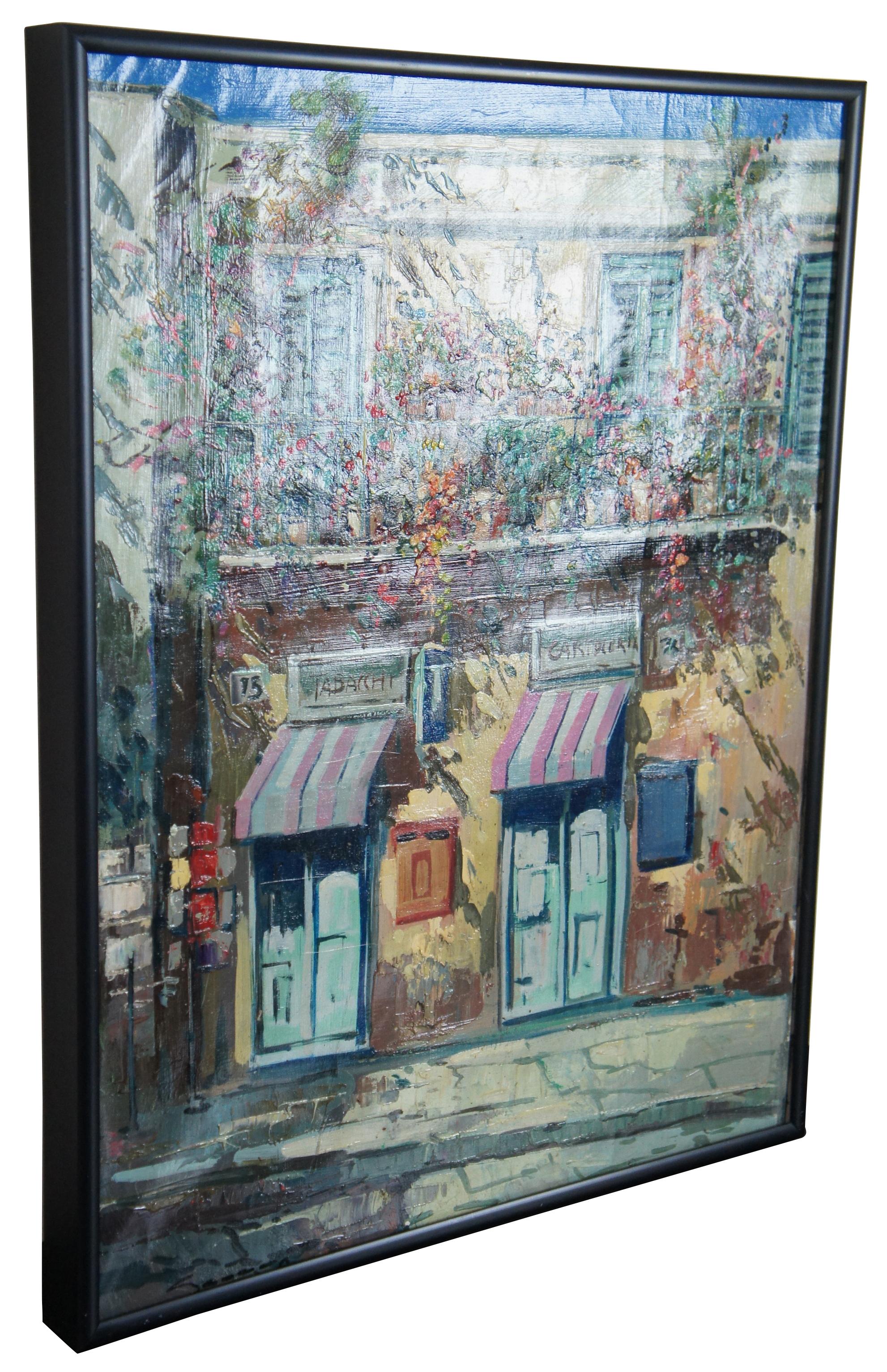 Italian Street Scene
by
Andre Andreoli

Featuring a tobacco and stationary shop below a flower covered balcony.  Canvas signed Lower Left.  

Andre Andreoli was born in Amsterdam, Holland on November 25th, 1944, as he himself said, however on his