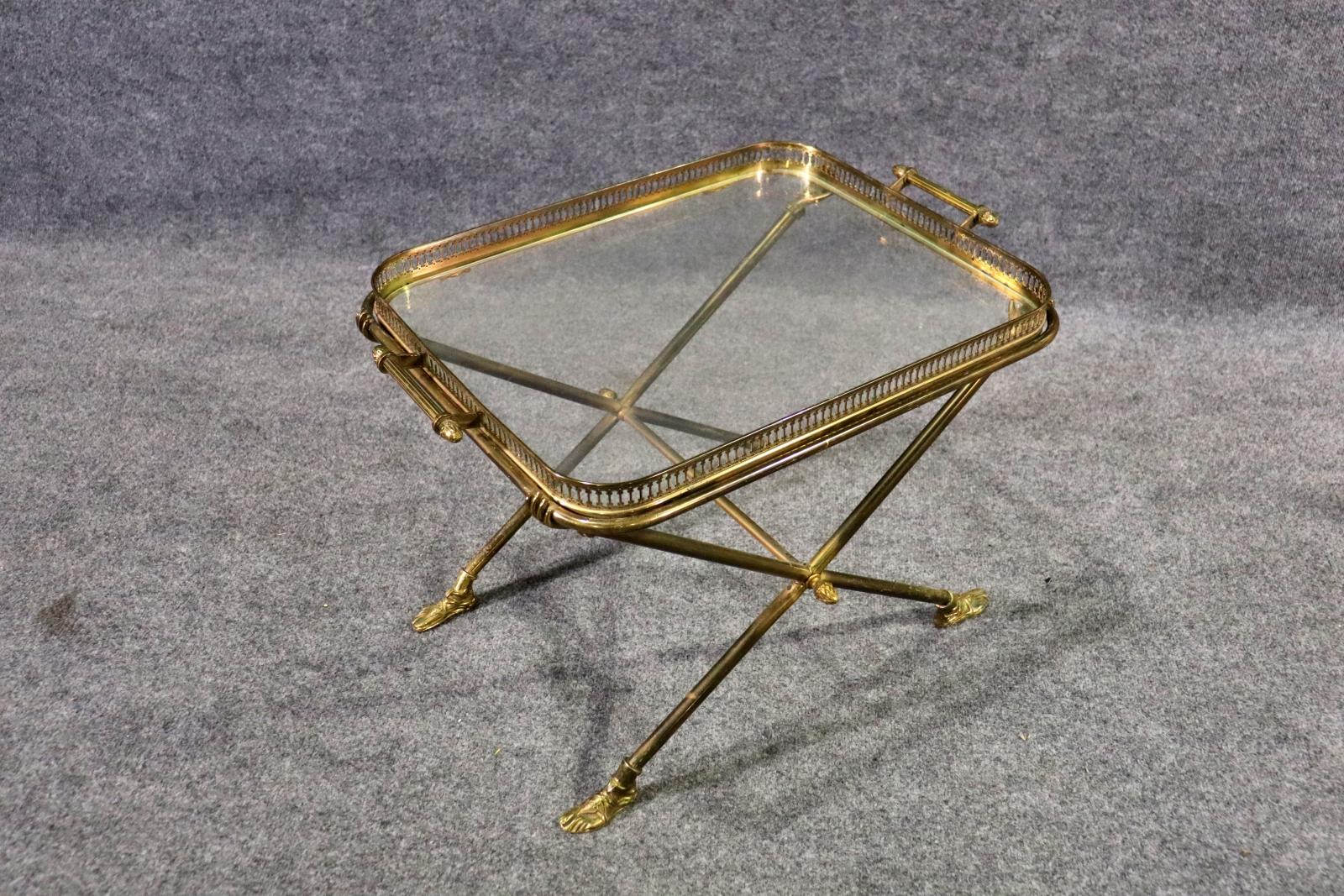 Andre Arbus Attributed Glass & Brass Removable Tray Top Table For Sale 4