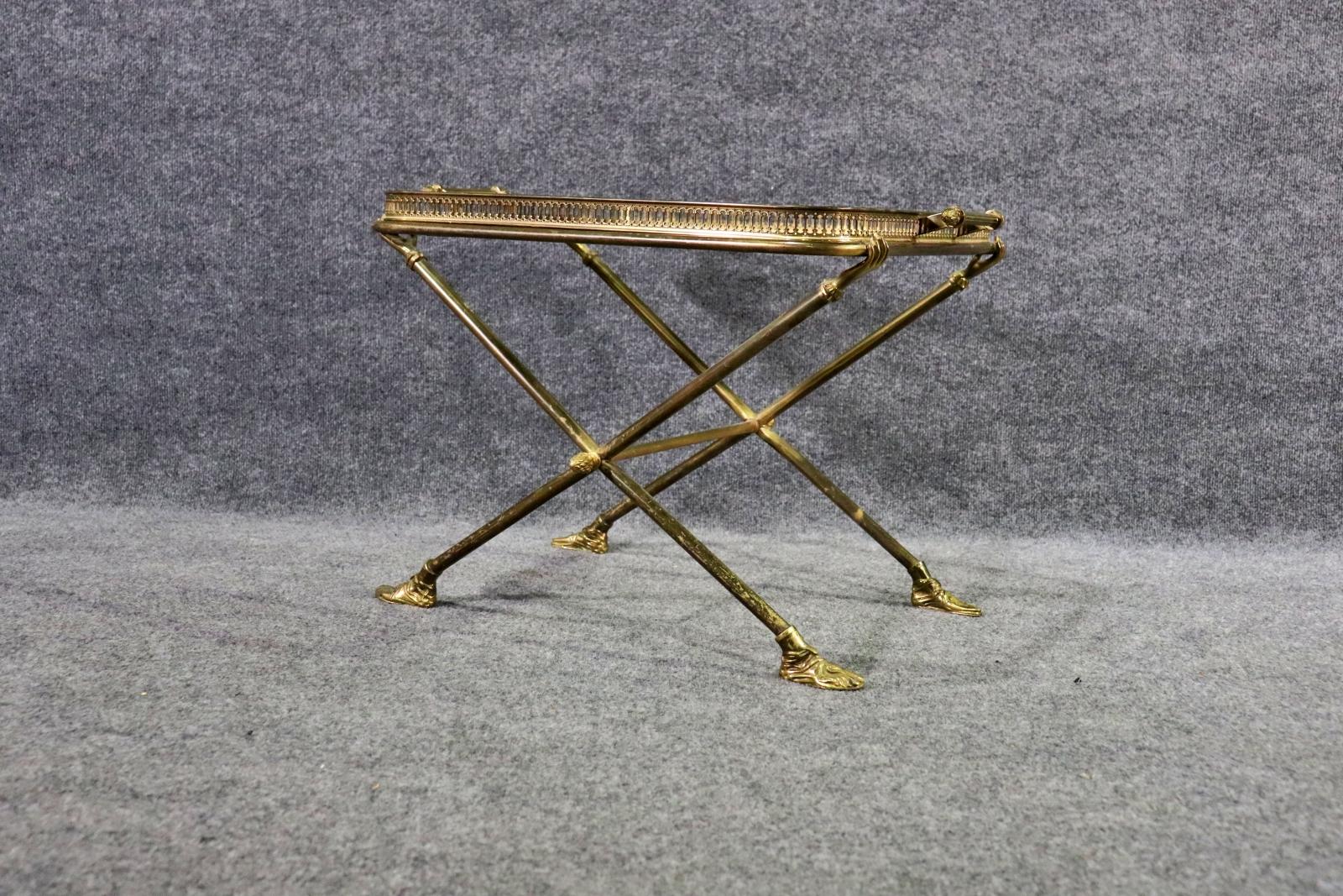 Hollywood Regency Andre Arbus Attributed Glass & Brass Removable Tray Top Table For Sale