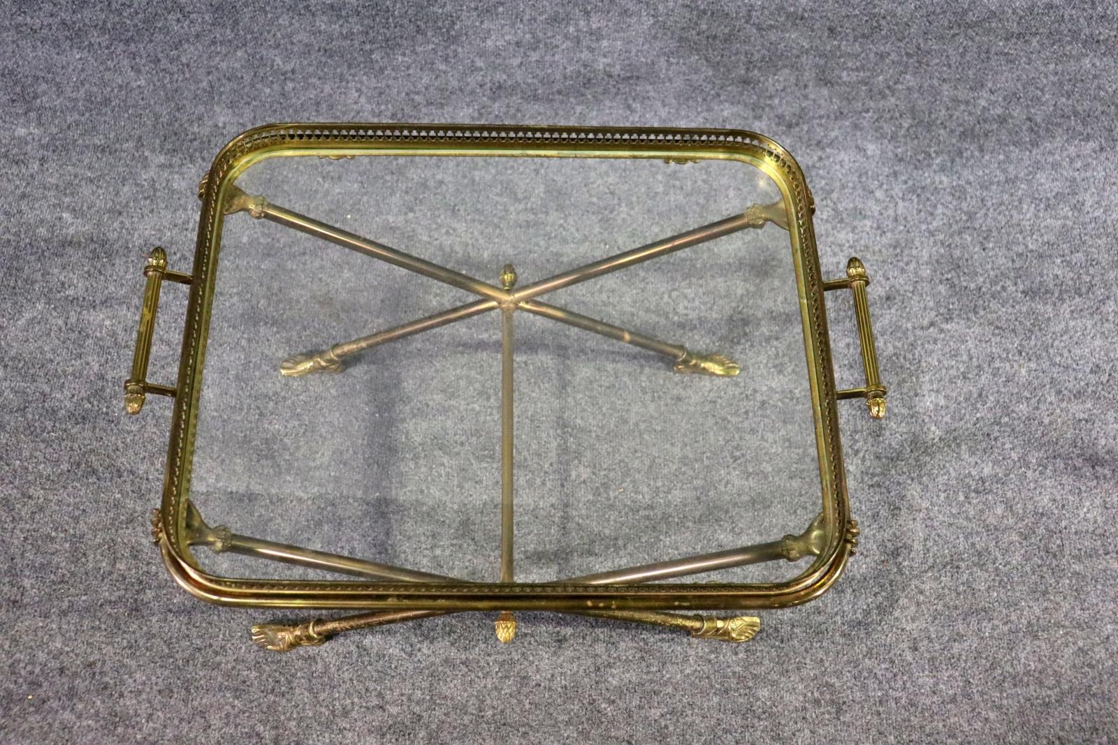 Andre Arbus Attributed Glass & Brass Removable Tray Top Table In Good Condition For Sale In Swedesboro, NJ