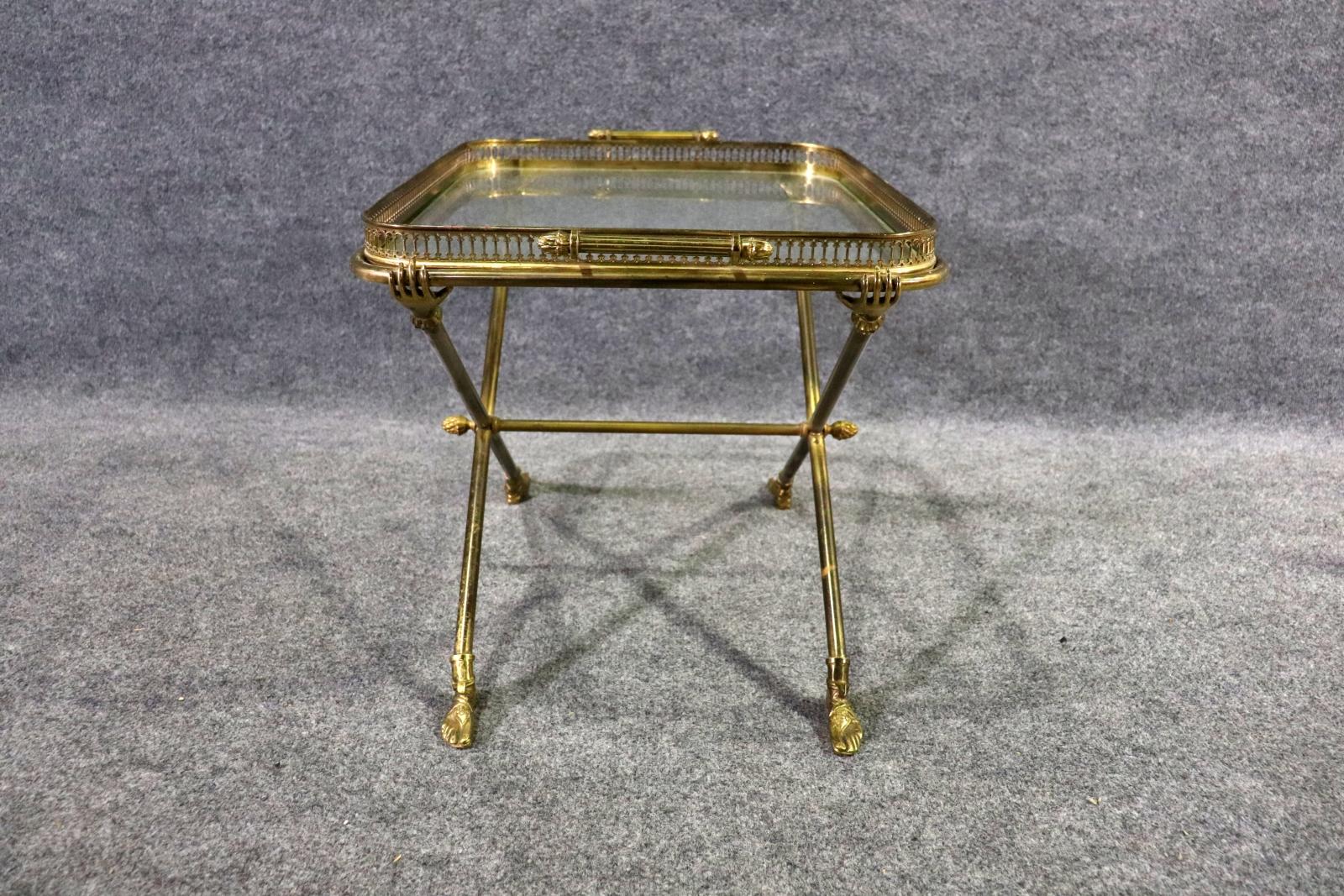 Andre Arbus Attributed Glass & Brass Removable Tray Top Table For Sale 1