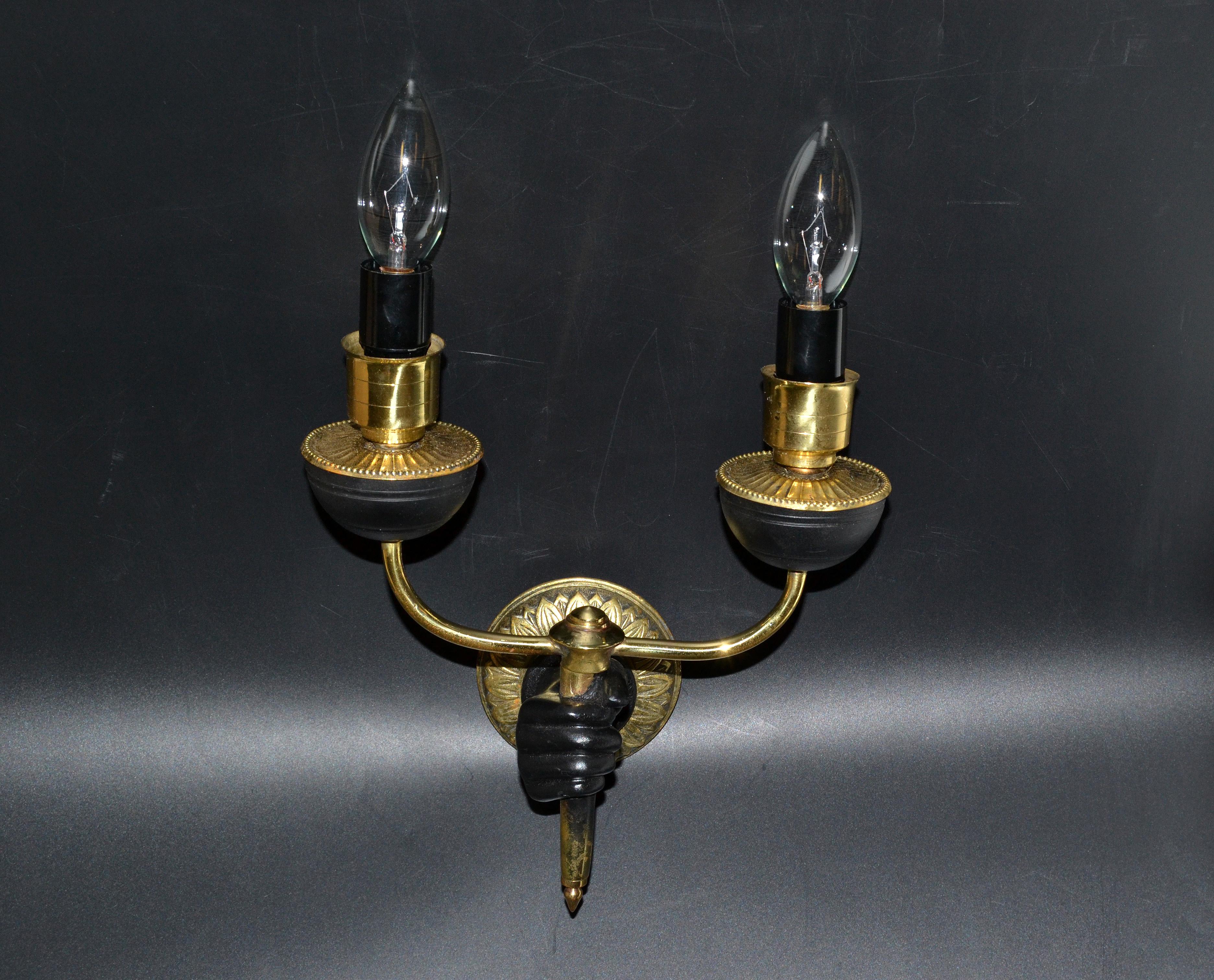 André Arbus Bronze & Black Hand Two-Arm Sconce Wall Light Neoclassical, Pair 1