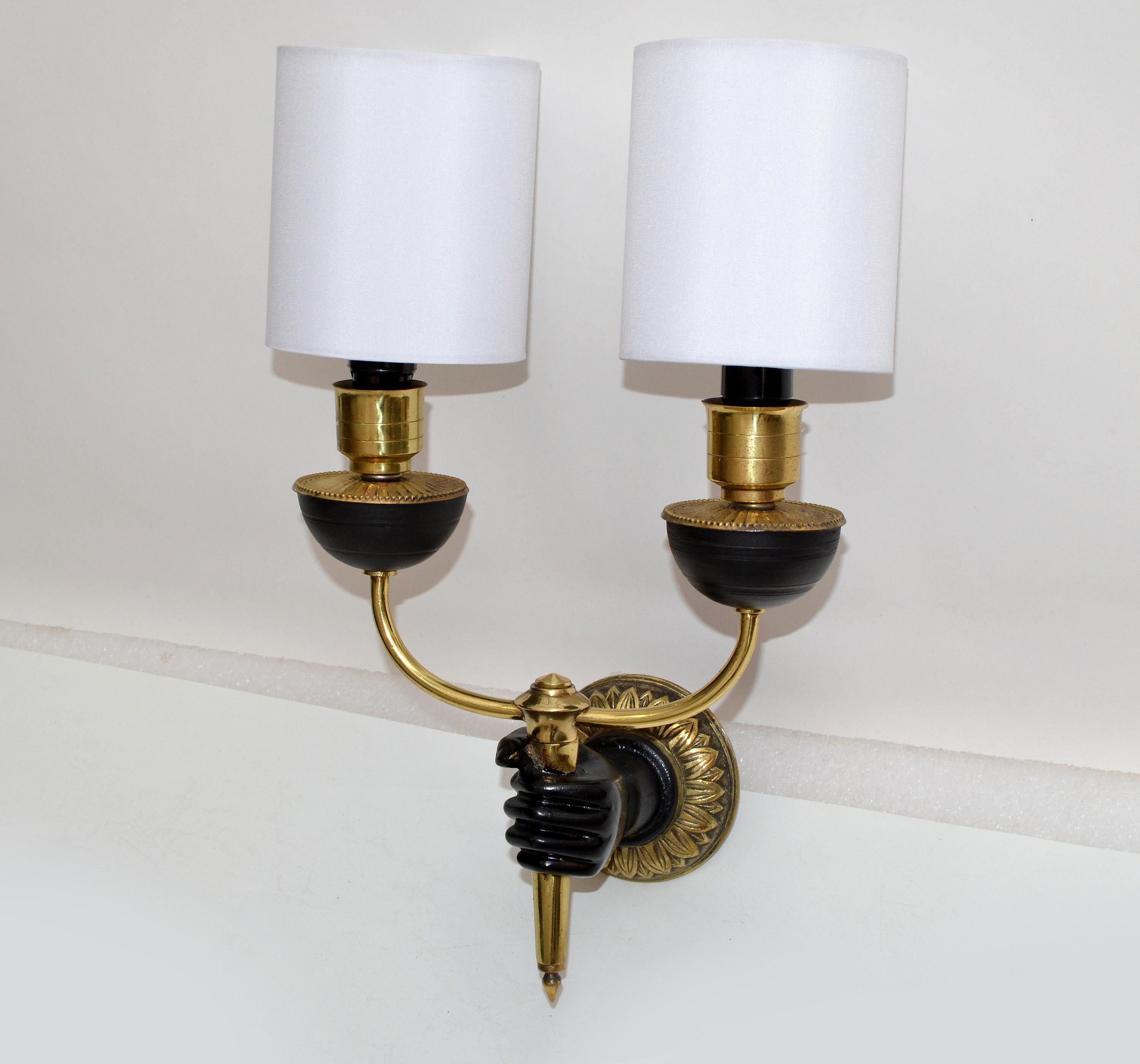 André Arbus Bronze & Black Hand Two-Arm Sconce Wall Light Neoclassical, Pair 2