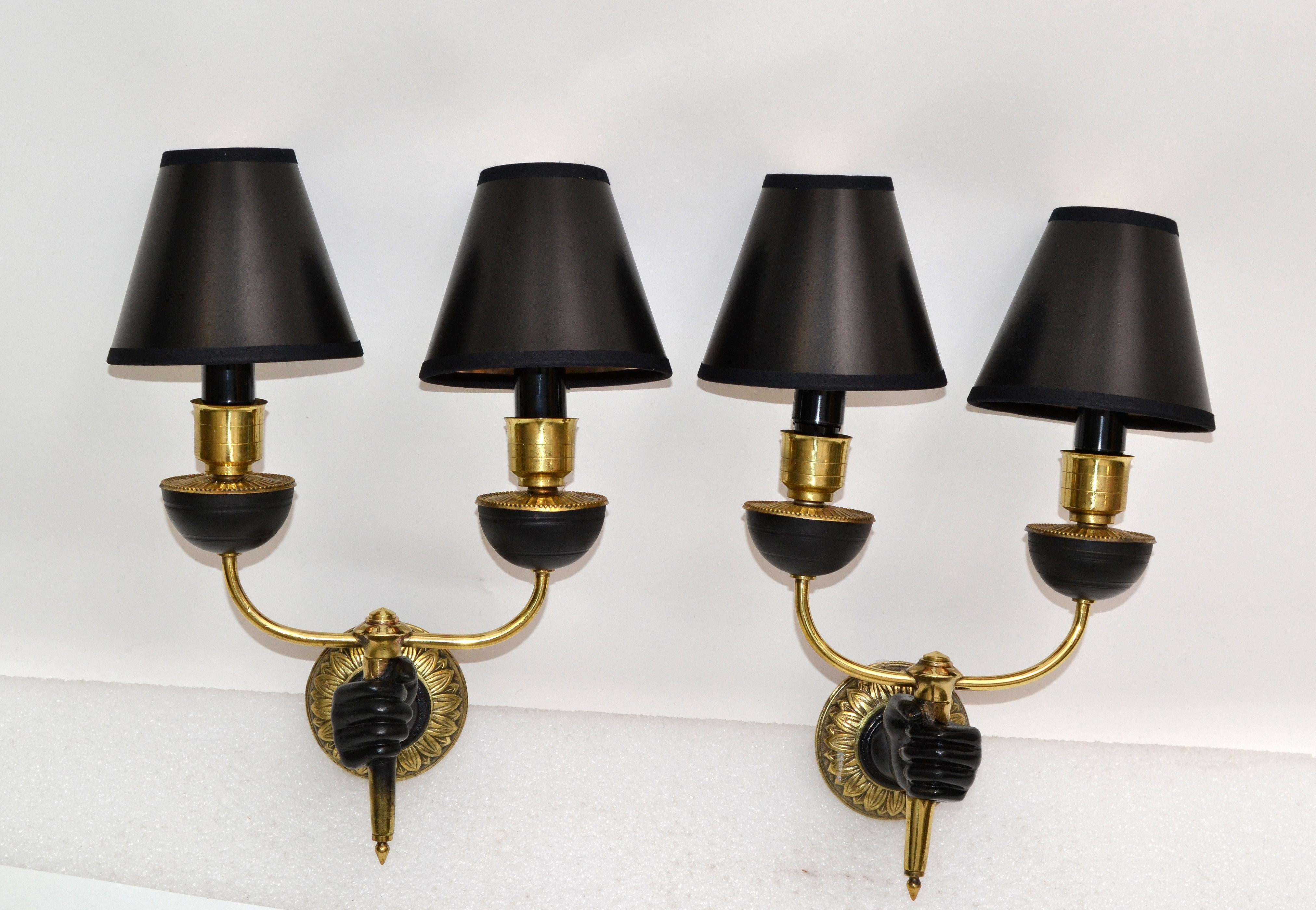 André Arbus Bronze & Black Hand Two-Arm Sconce Wall Light Neoclassical, Pair 5
