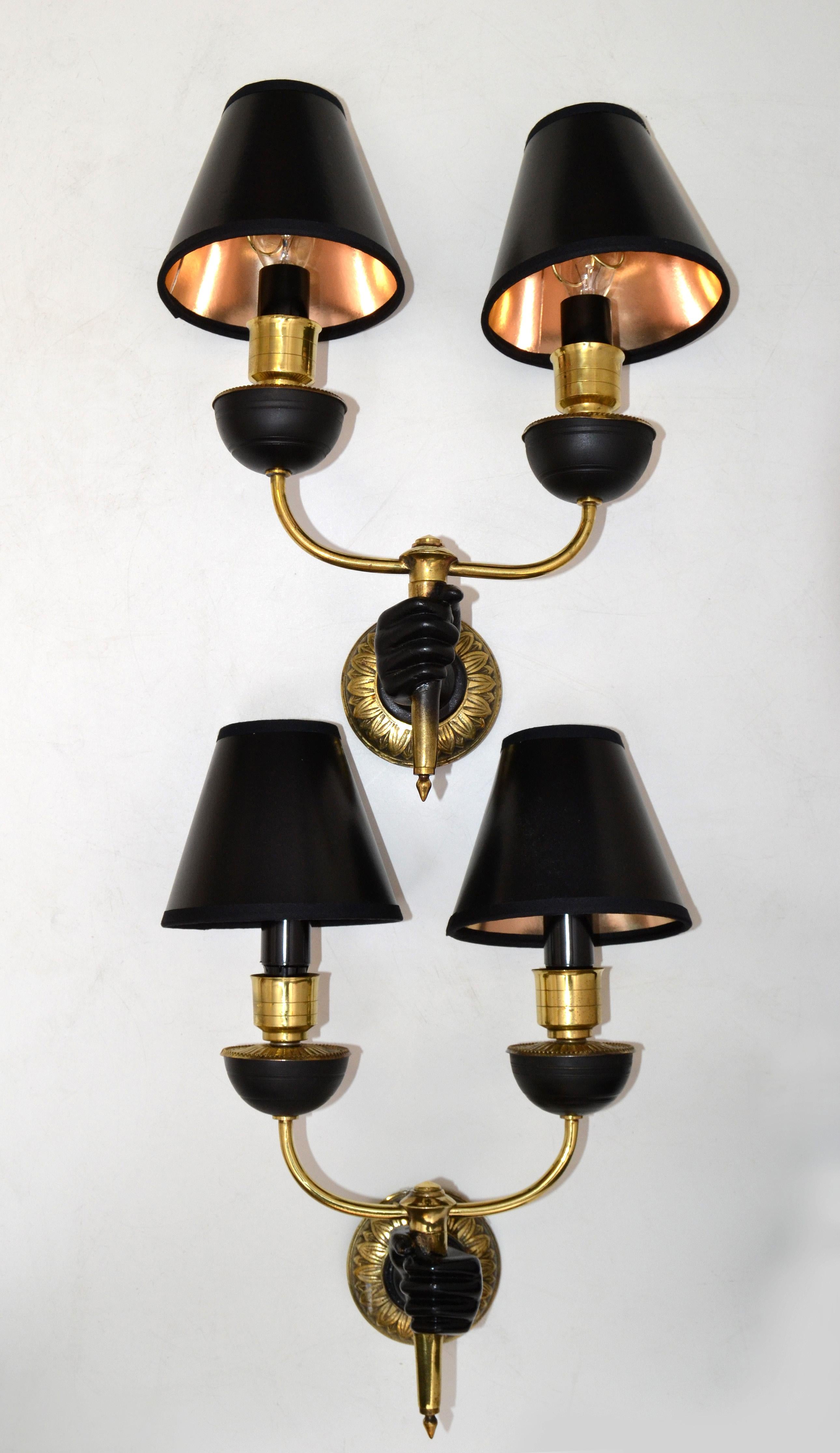 French André Arbus Bronze & Black Hand Two-Arm Sconce Wall Light Neoclassical, Pair