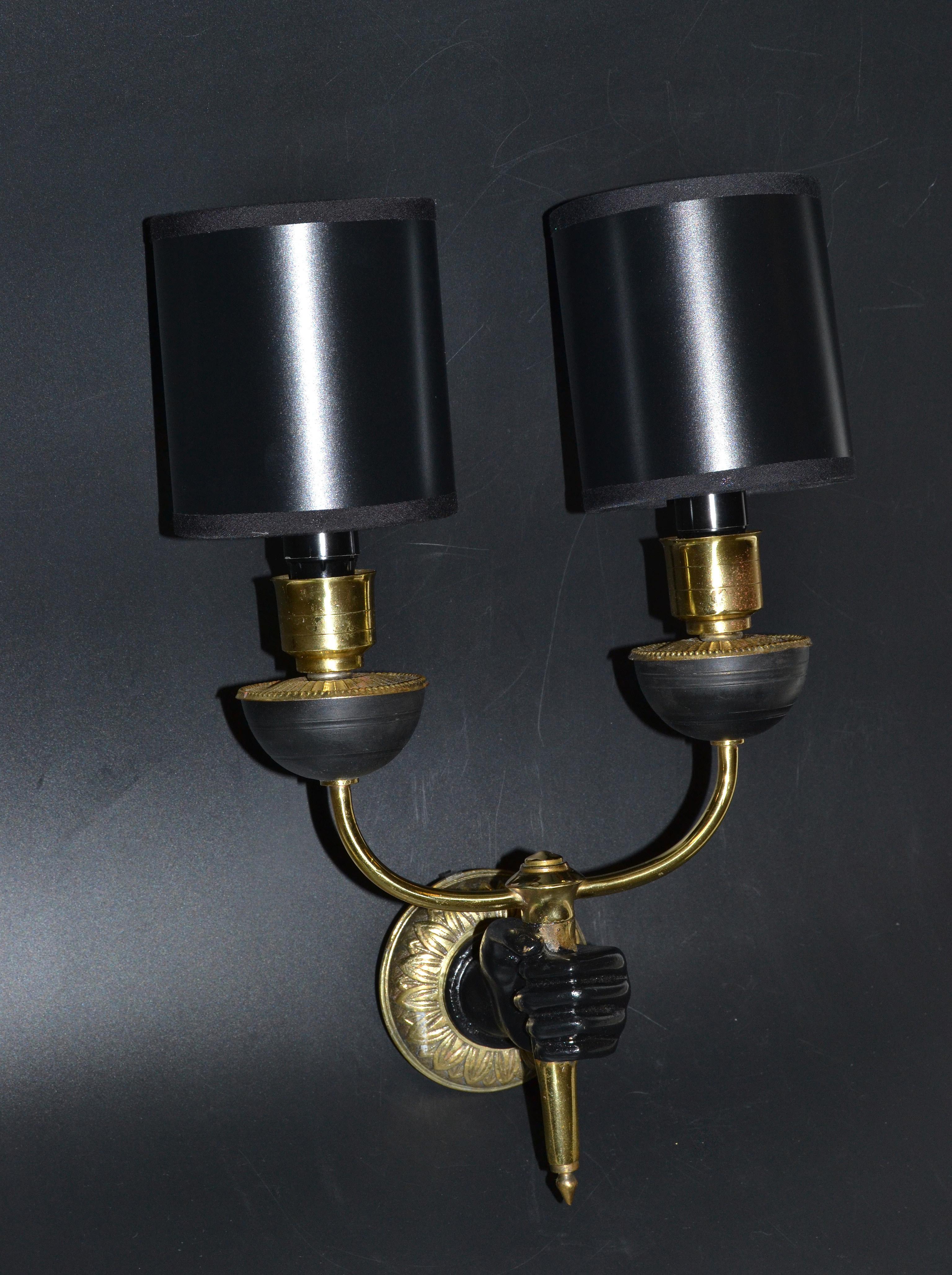 Ebonized André Arbus Bronze & Black Hand Two-Arm Sconce Wall Light Neoclassical, Pair