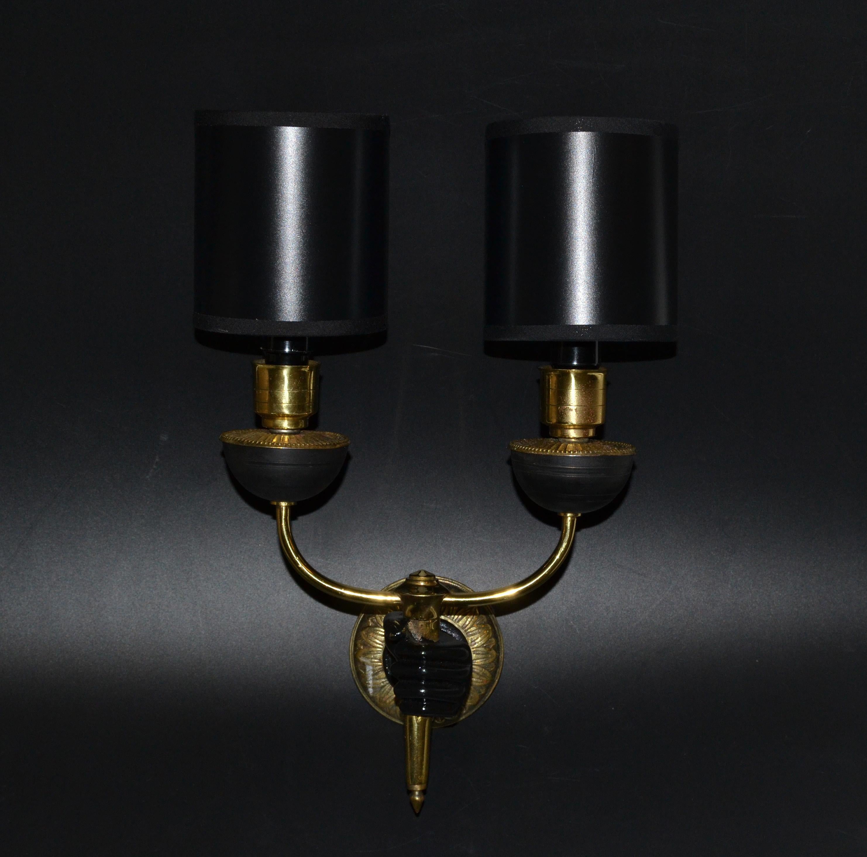 André Arbus Bronze & Black Hand Two-Arm Sconce Wall Light Neoclassical, Pair In Good Condition In Miami, FL