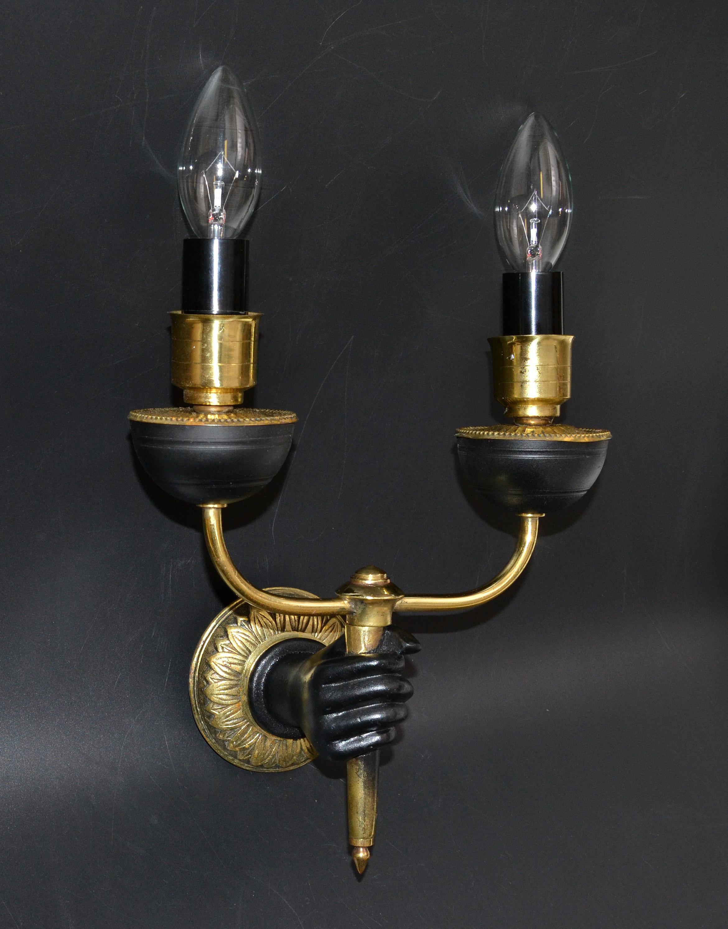 Mid-20th Century André Arbus Bronze & Black Hand Two-Arm Sconce Wall Light Neoclassical, Pair