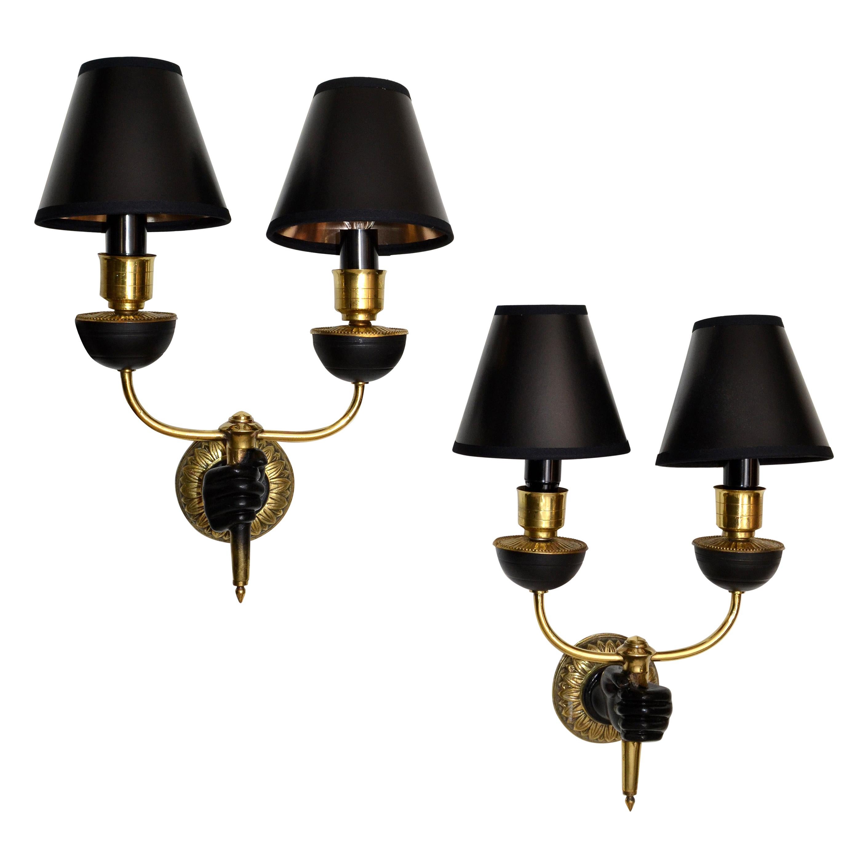 André Arbus Bronze & Black Hand Two-Arm Sconce Wall Light Neoclassical, Pair