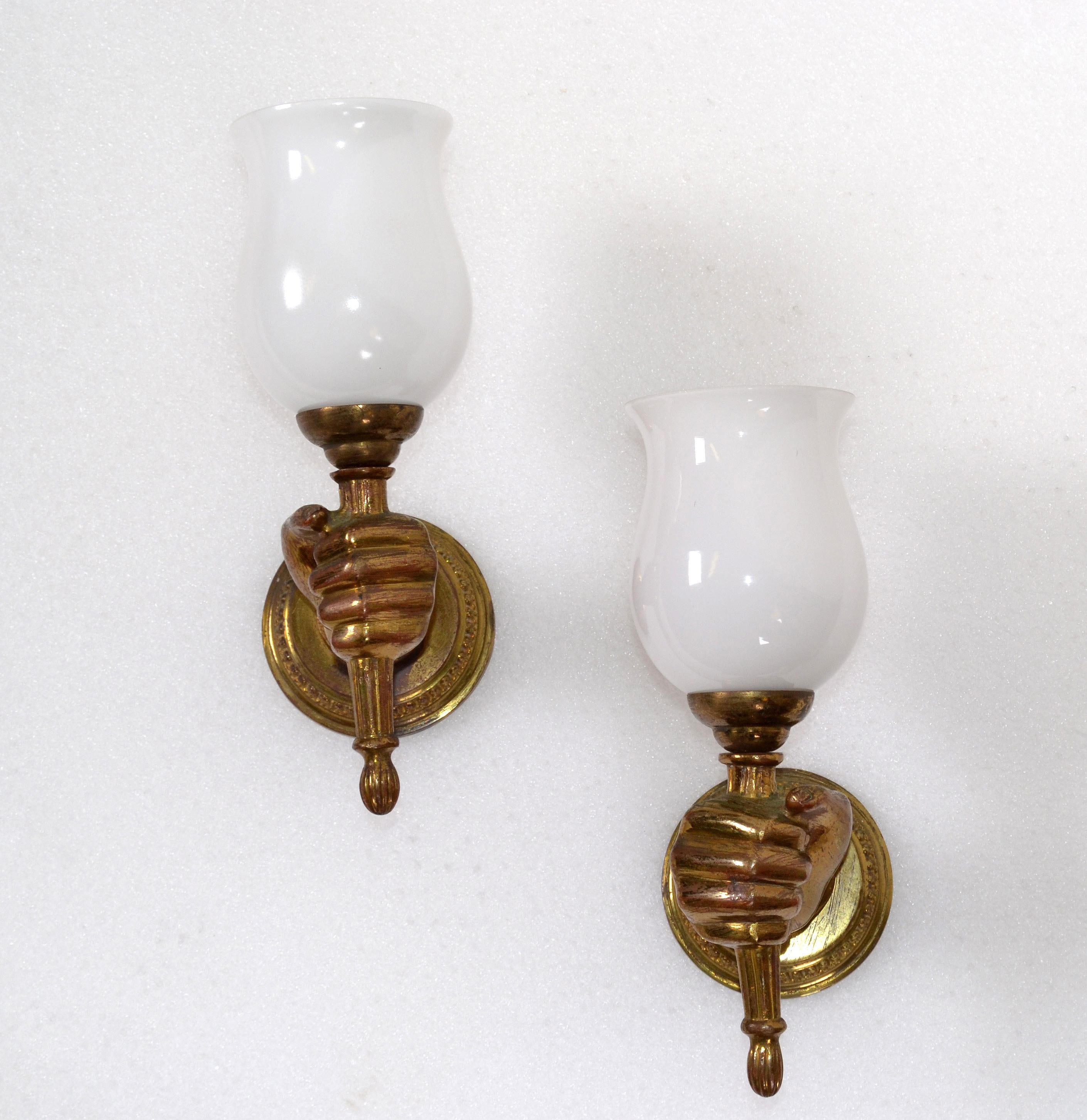 André Arbus Bronze Hand Sconces Opaline Glass Globes French Provincial, Pair 7