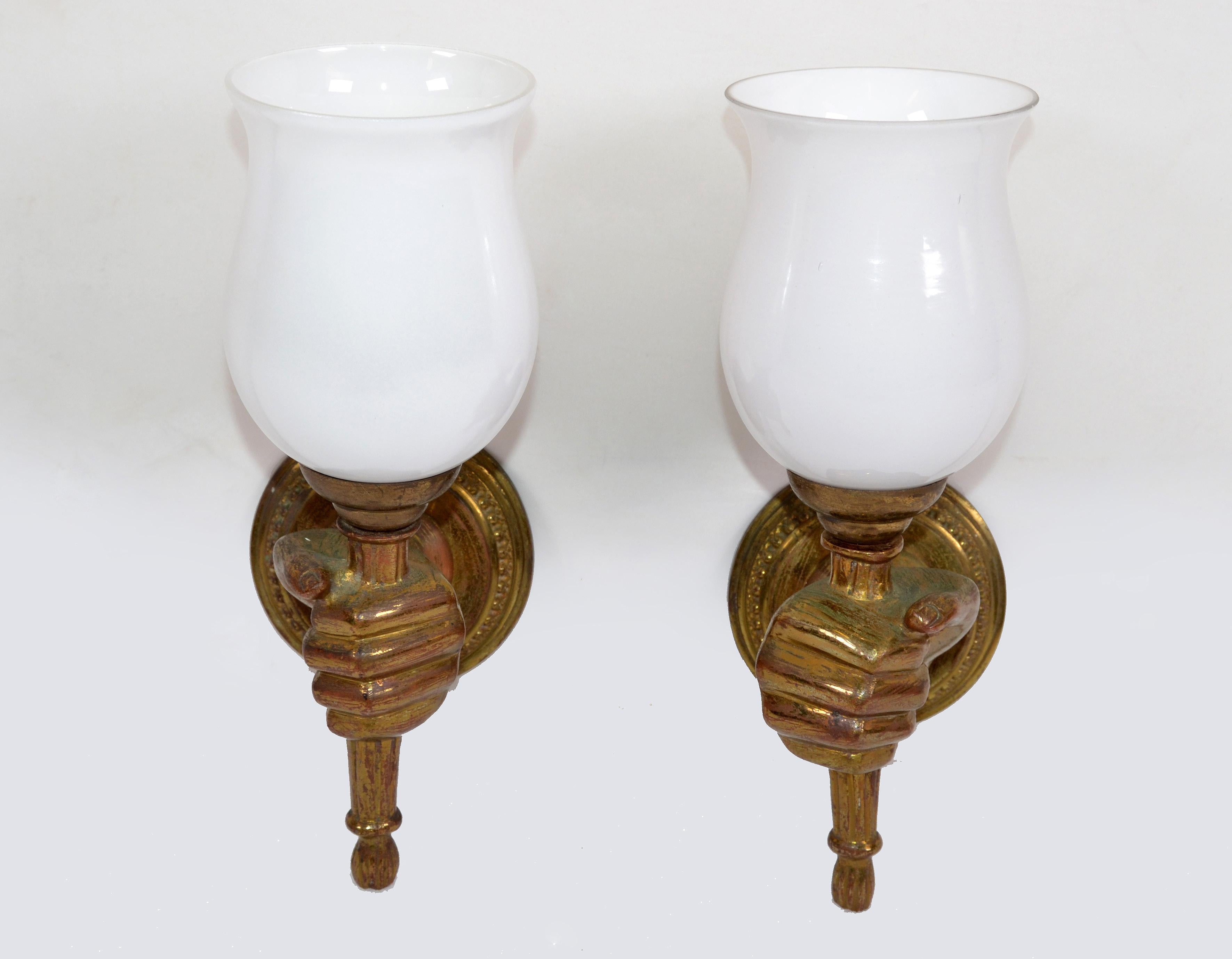 André Arbus Bronze Hand Sconces Opaline Glass Globes French Provincial, Pair 7