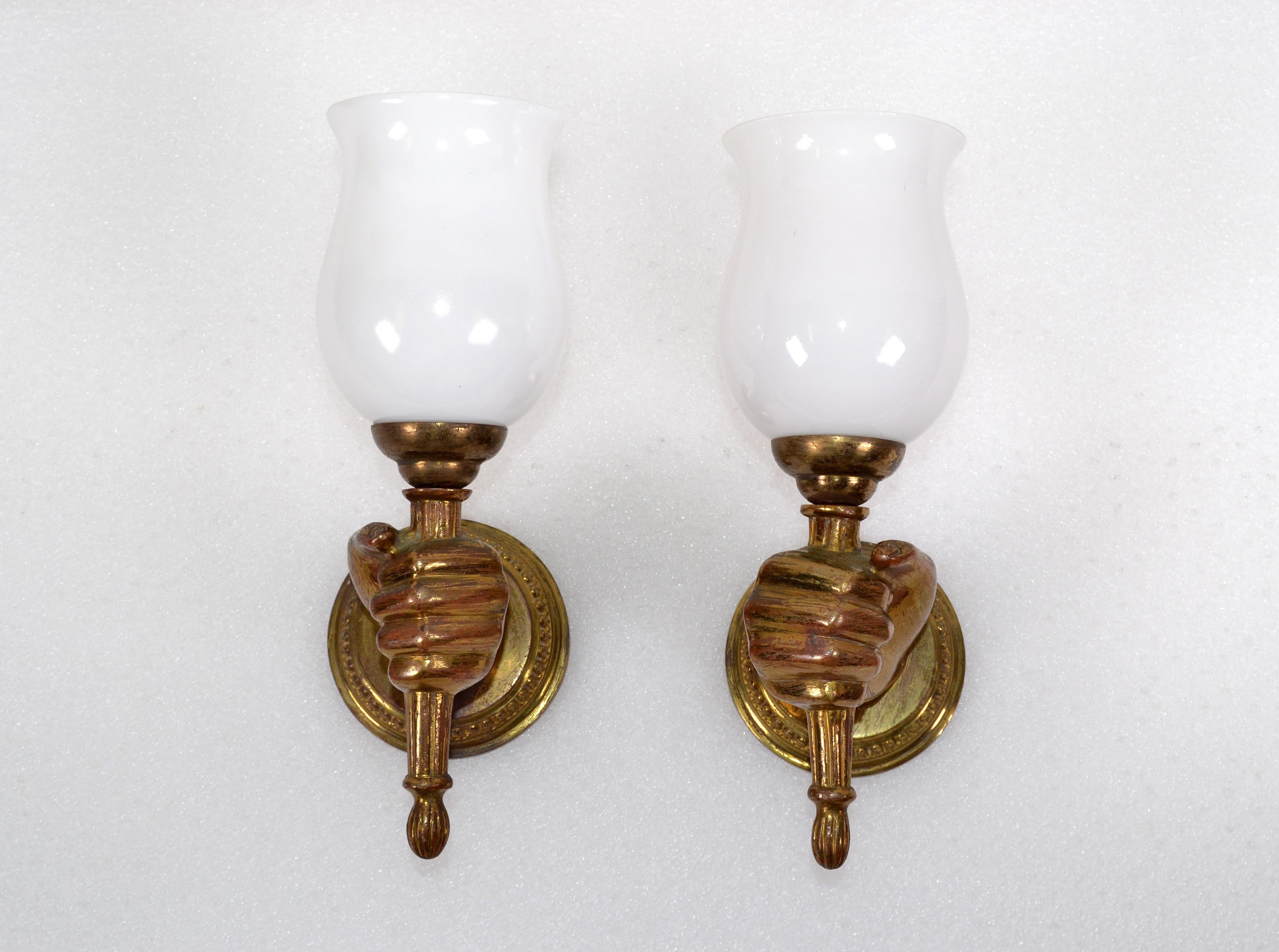 Superb pair of heavy bronze hand sconces by André Arbus with opaline glass shades.
Perfect working condition each takes one max. 40 watts light bulb.
Measures: Back plate 3.75 inches diameter.
Height to socket 6 inches.