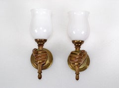 André Arbus Bronze Hand Sconces Opaline Glass Globes French Provincial, Pair