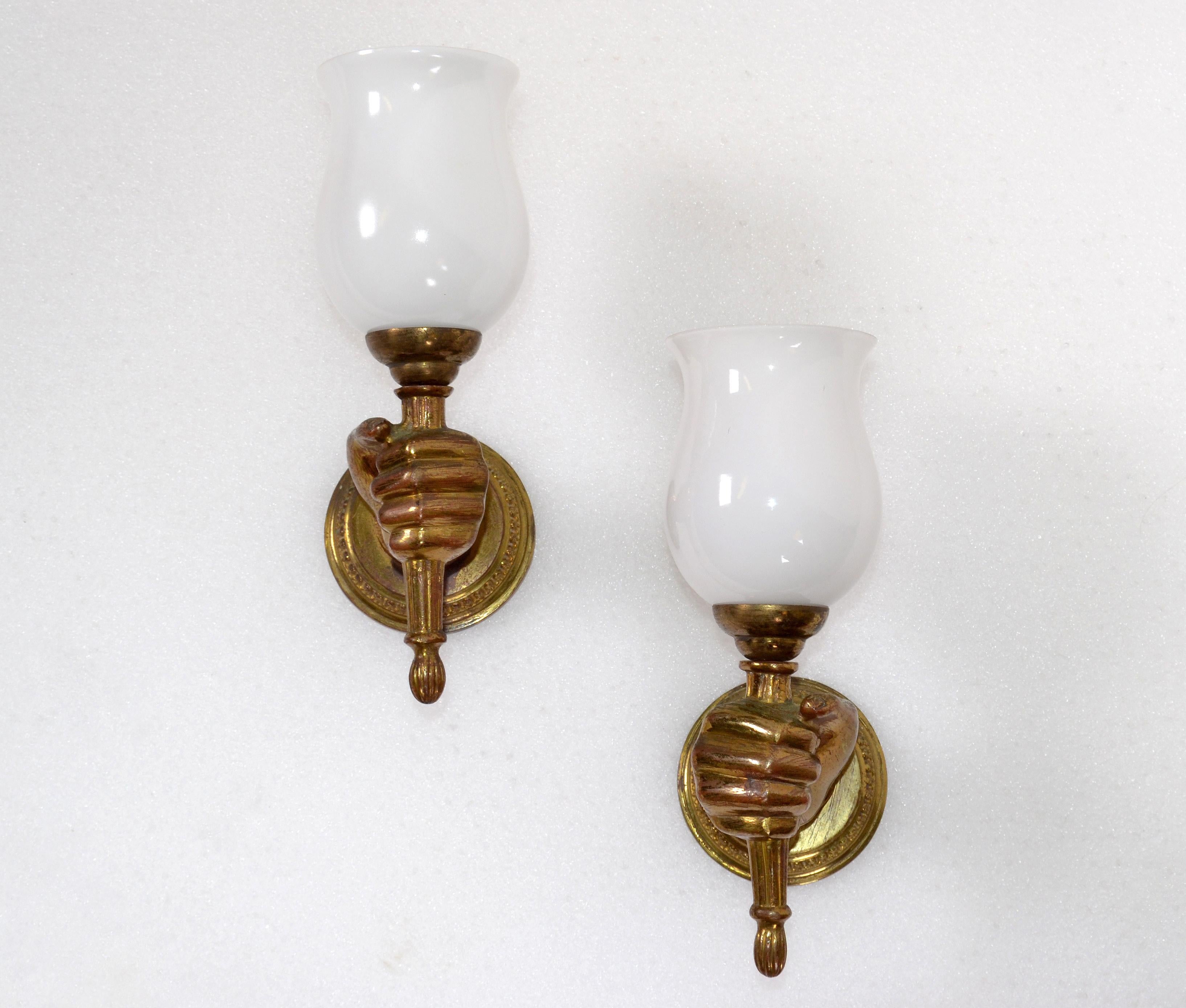 Mid-Century Modern André Arbus Bronze Hand Sconces Opaline Glass Globes French Provincial, Pair For Sale