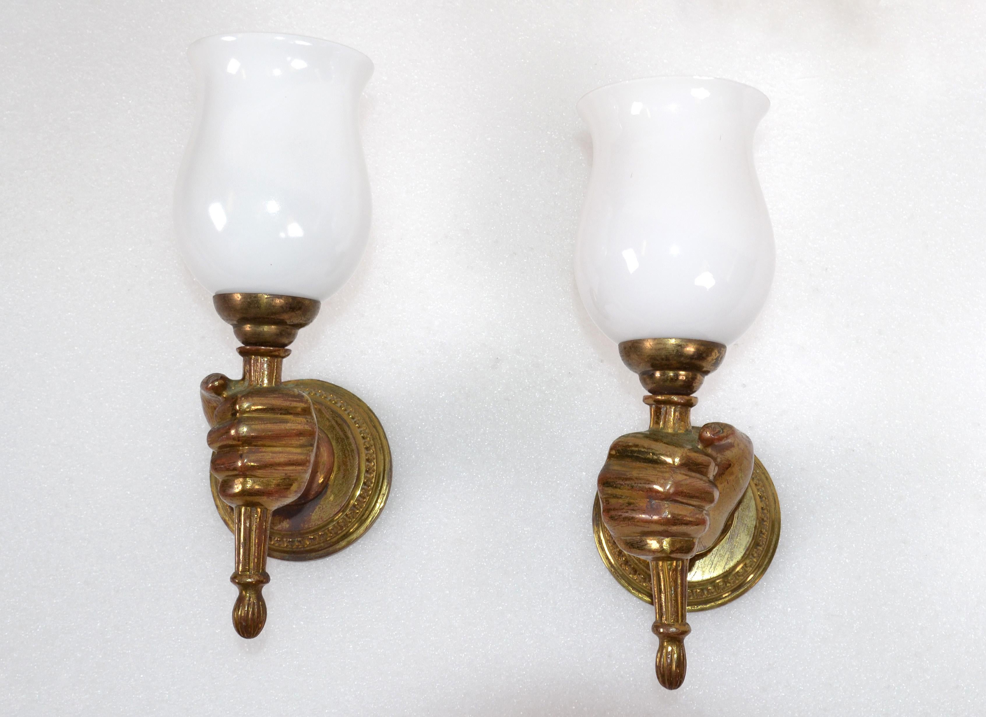 Hand-Crafted André Arbus Bronze Hand Sconces Opaline Glass Globes French Provincial, Pair