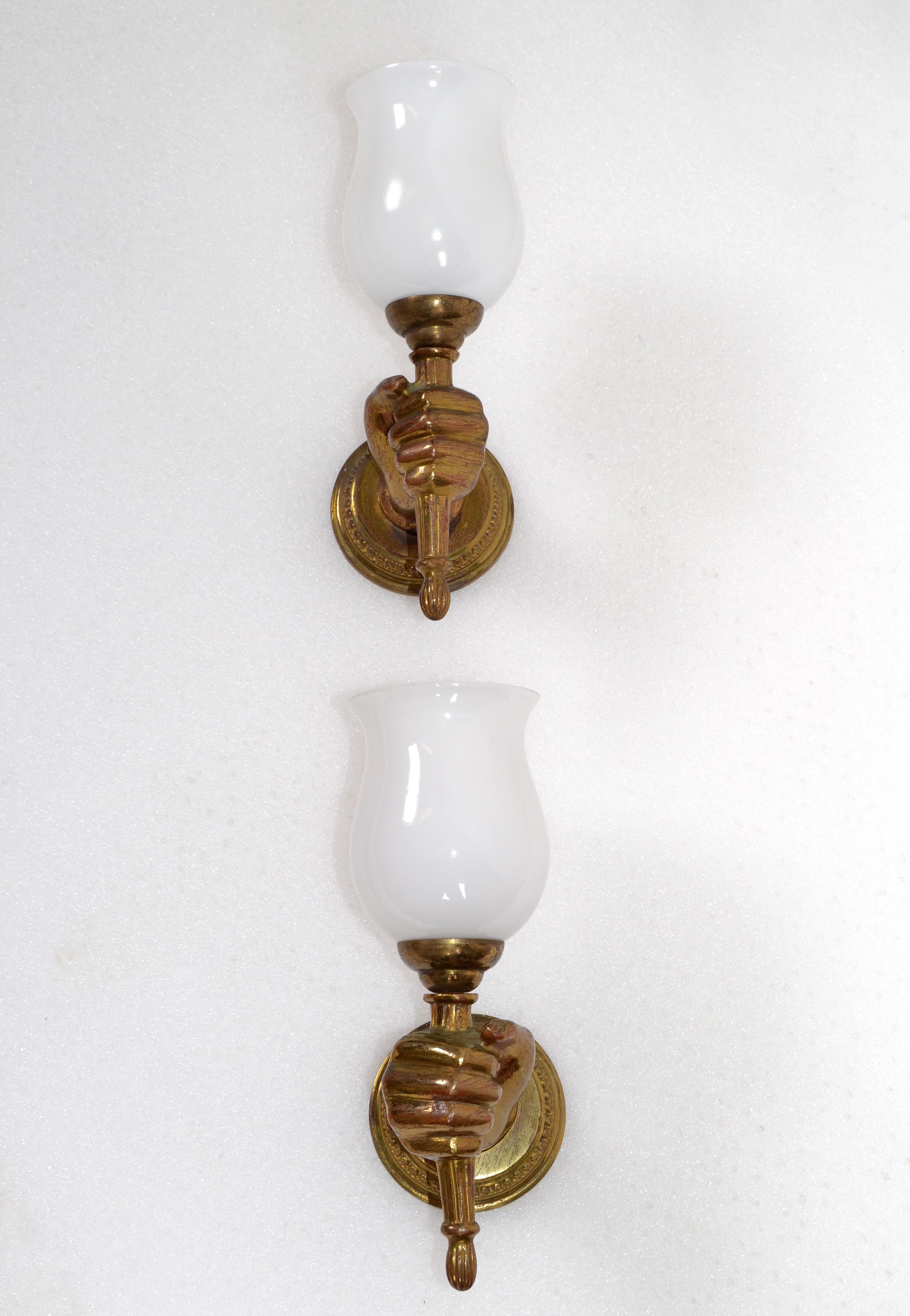 André Arbus Bronze Hand Sconces Opaline Glass Globes French Provincial, Pair In Good Condition For Sale In Miami, FL