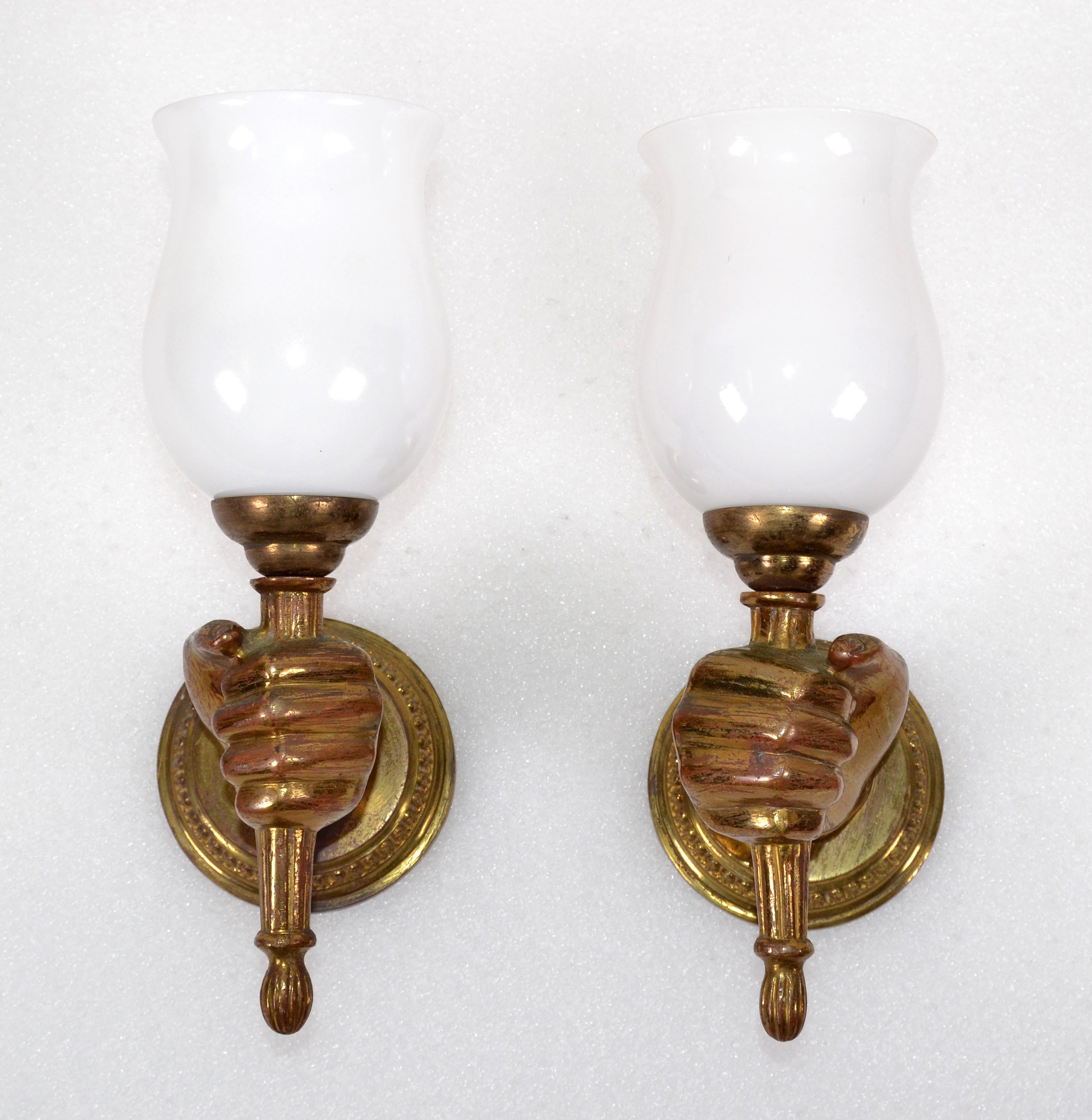 Mid-20th Century André Arbus Bronze Hand Sconces Opaline Glass Globes French Provincial, Pair