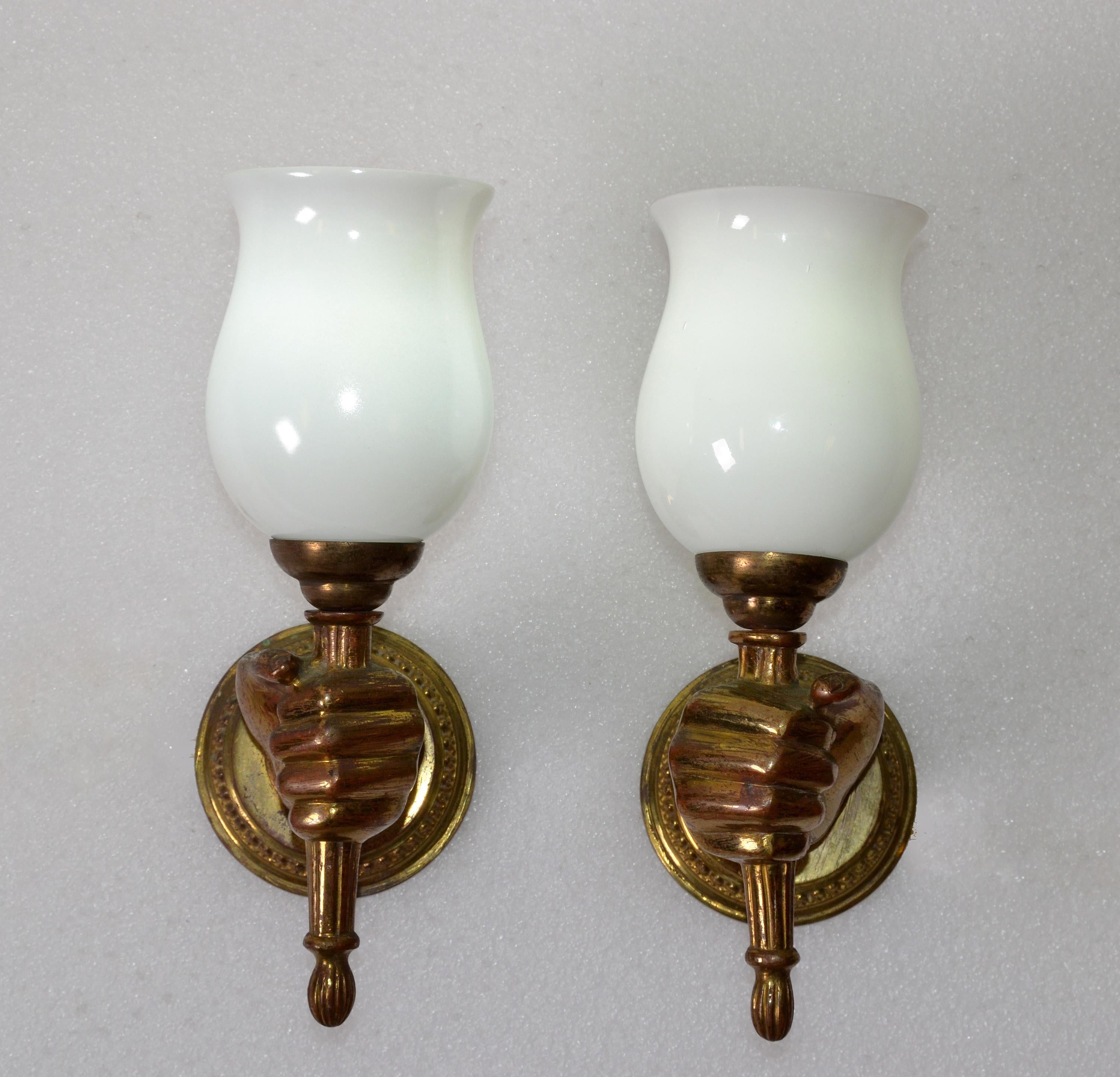 Brass André Arbus Bronze Hand Sconces Opaline Glass Globes French Provincial, Pair For Sale