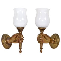 Vintage André Arbus Bronze Hand Sconces Opaline Glass Globes French Provincial, Pair