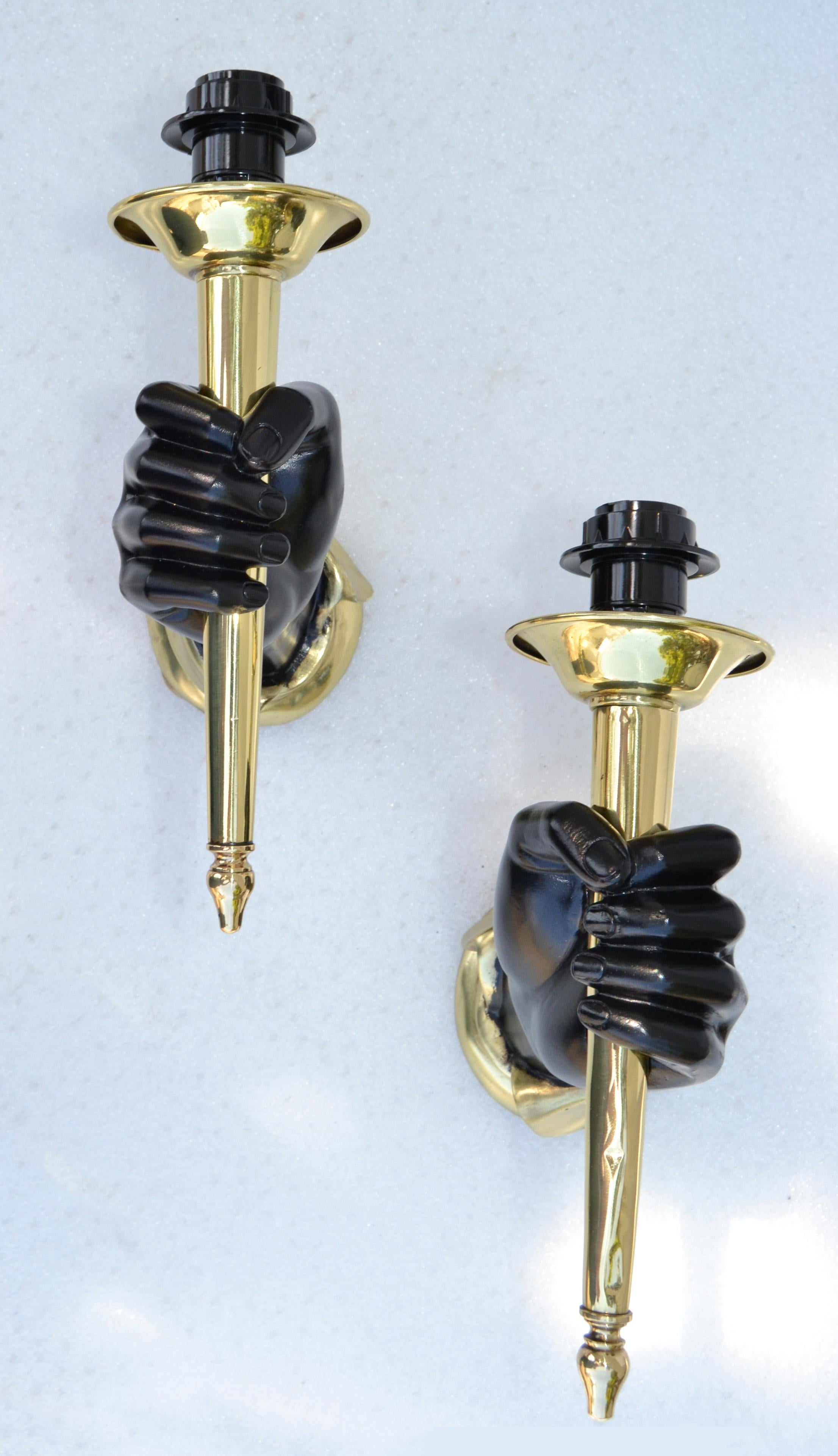Paper Andre Arbus Bronze Sconces Black Finish Hand Holding Light, Wall Lamp 1950 Pair For Sale