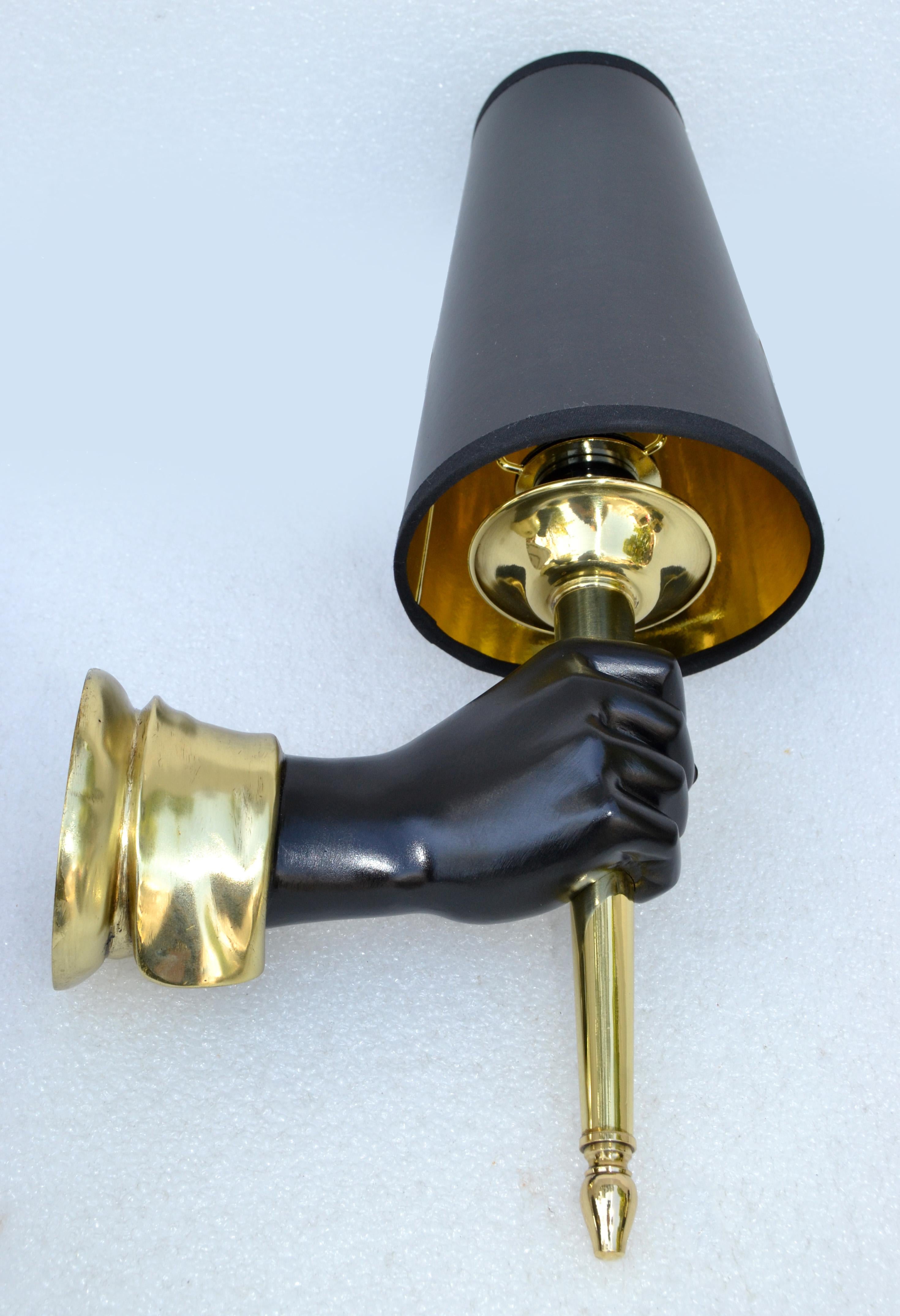 Andre Arbus Bronze Sconces Black Finish Hand Holding Light, Wall Lamp 1950 Pair For Sale 1