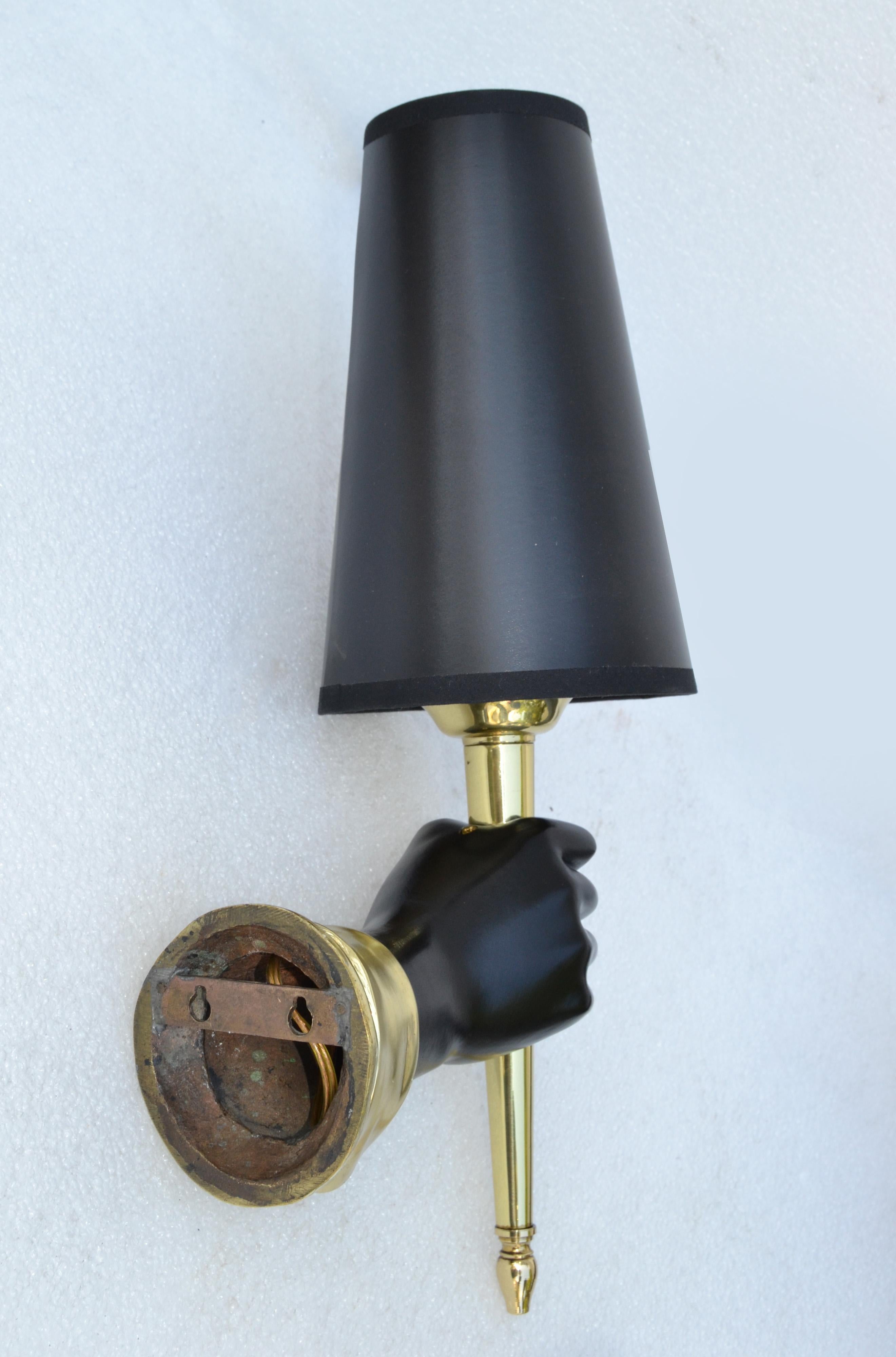 Andre Bronze Sconces Black Finish Hand Holding Light, Wall Lamp 1950 Pair en vente 4