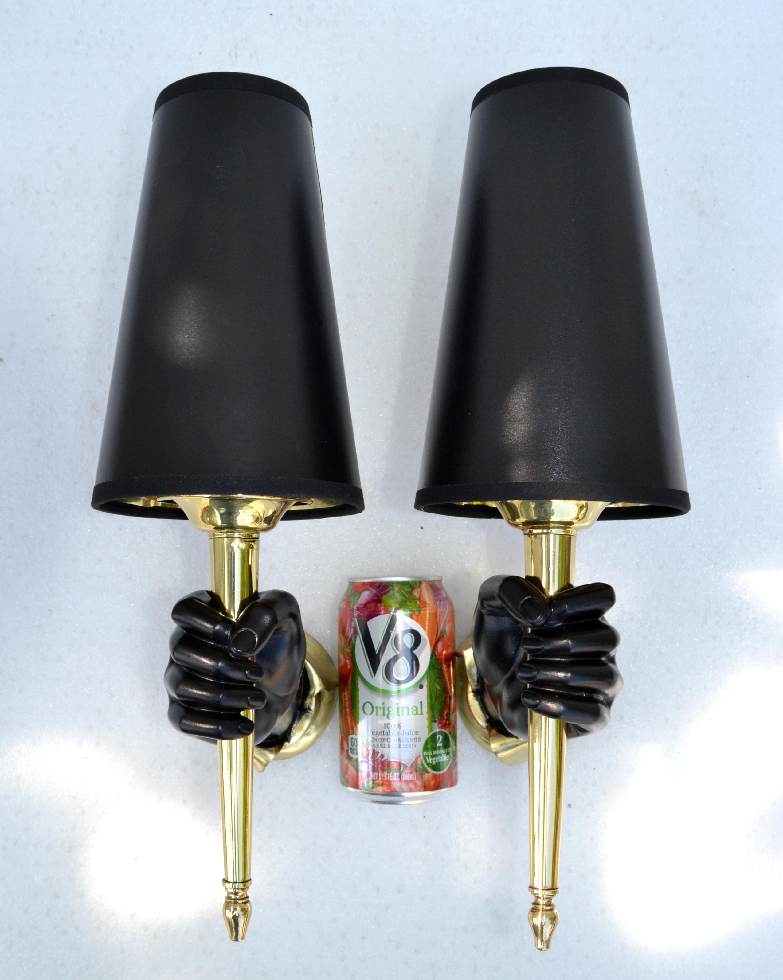 Andre Arbus Bronze Sconces Black Finish Hand Holding Light, Wall Lamp 1950 Pair For Sale 4