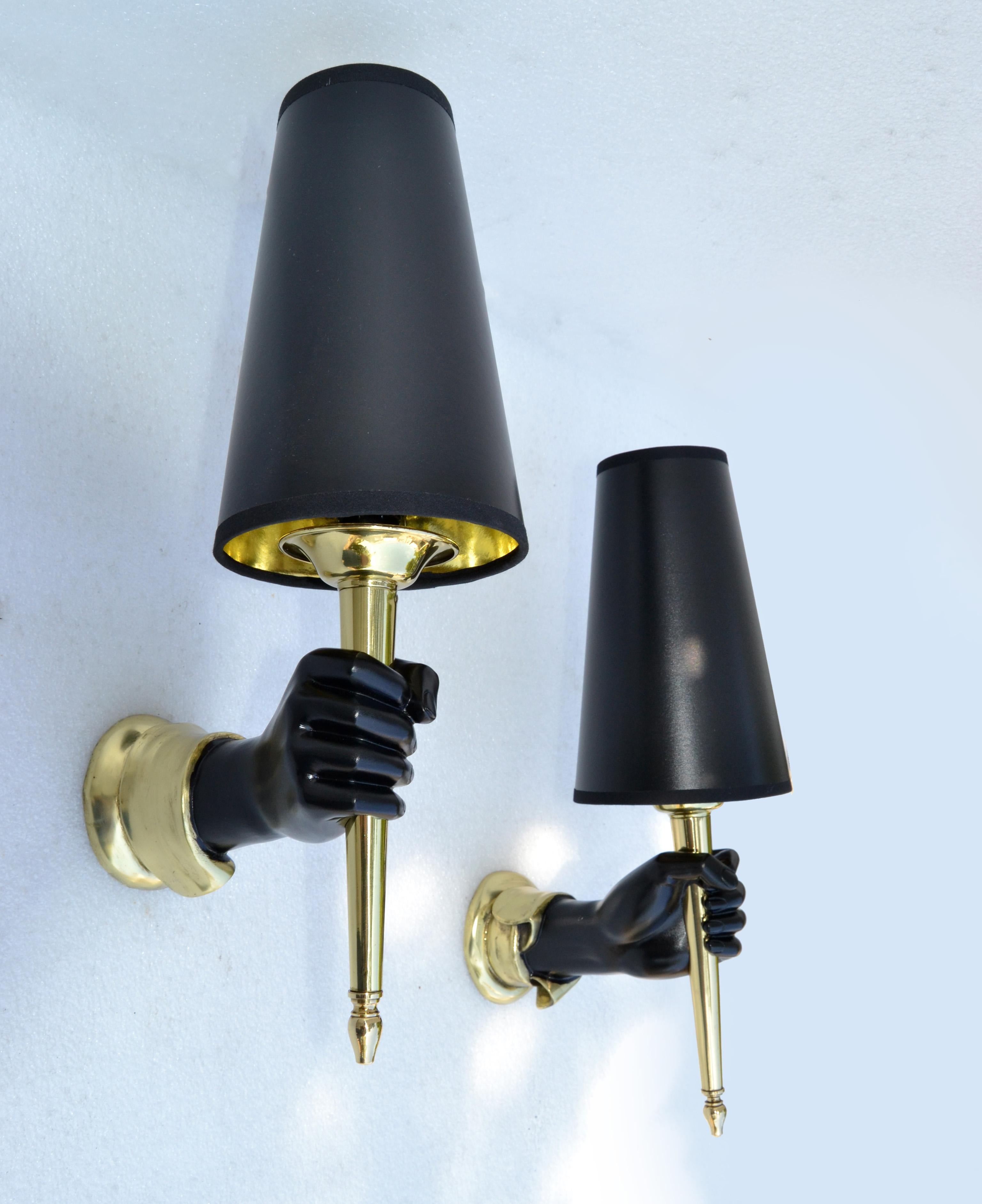 Andre Arbus Bronze Sconces Black Finish Hand Holding Light, Wall Lamp 1950 Pair For Sale 9