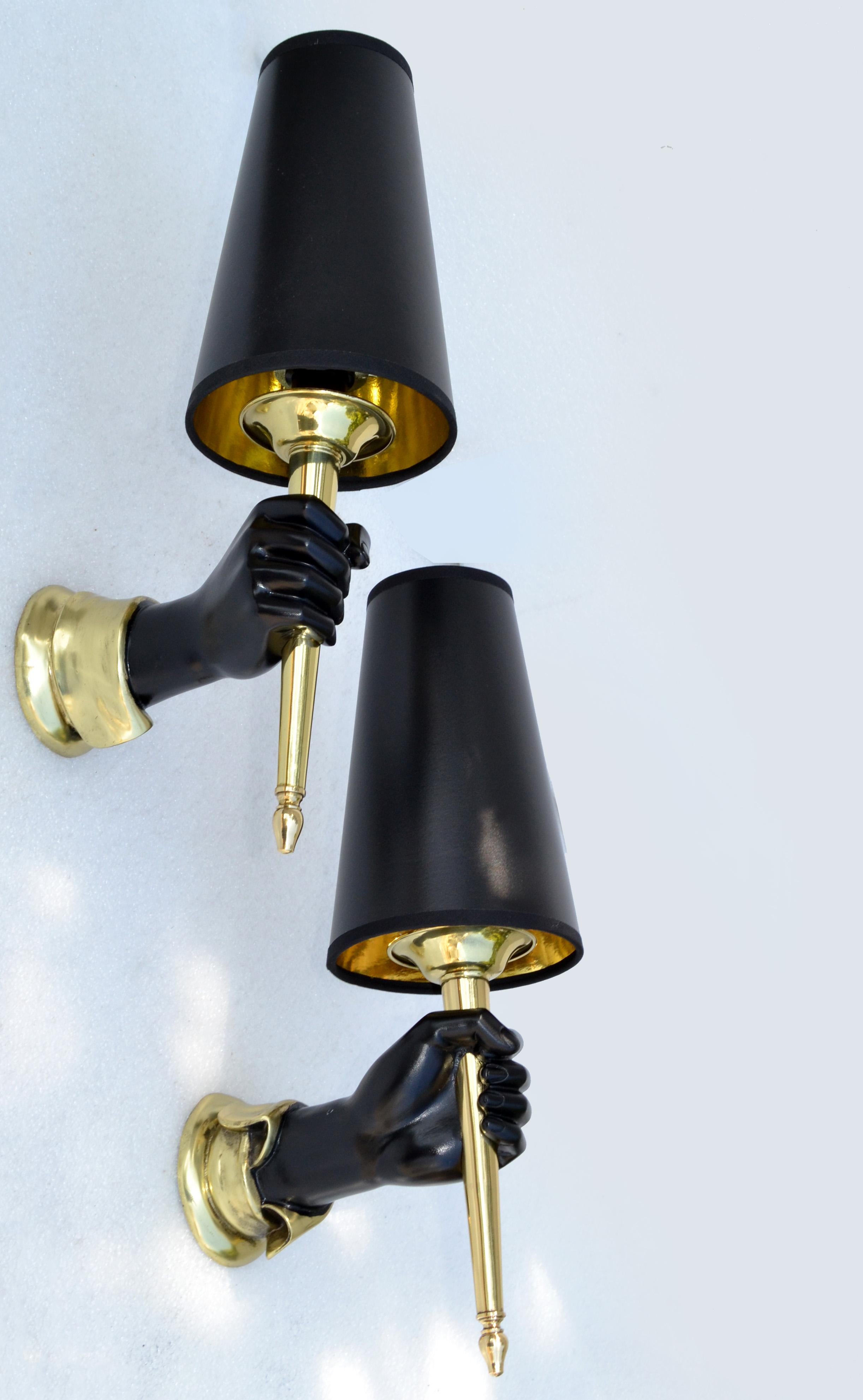 Néoclassique Andre Bronze Sconces Black Finish Hand Holding Light, Wall Lamp 1950 Pair en vente