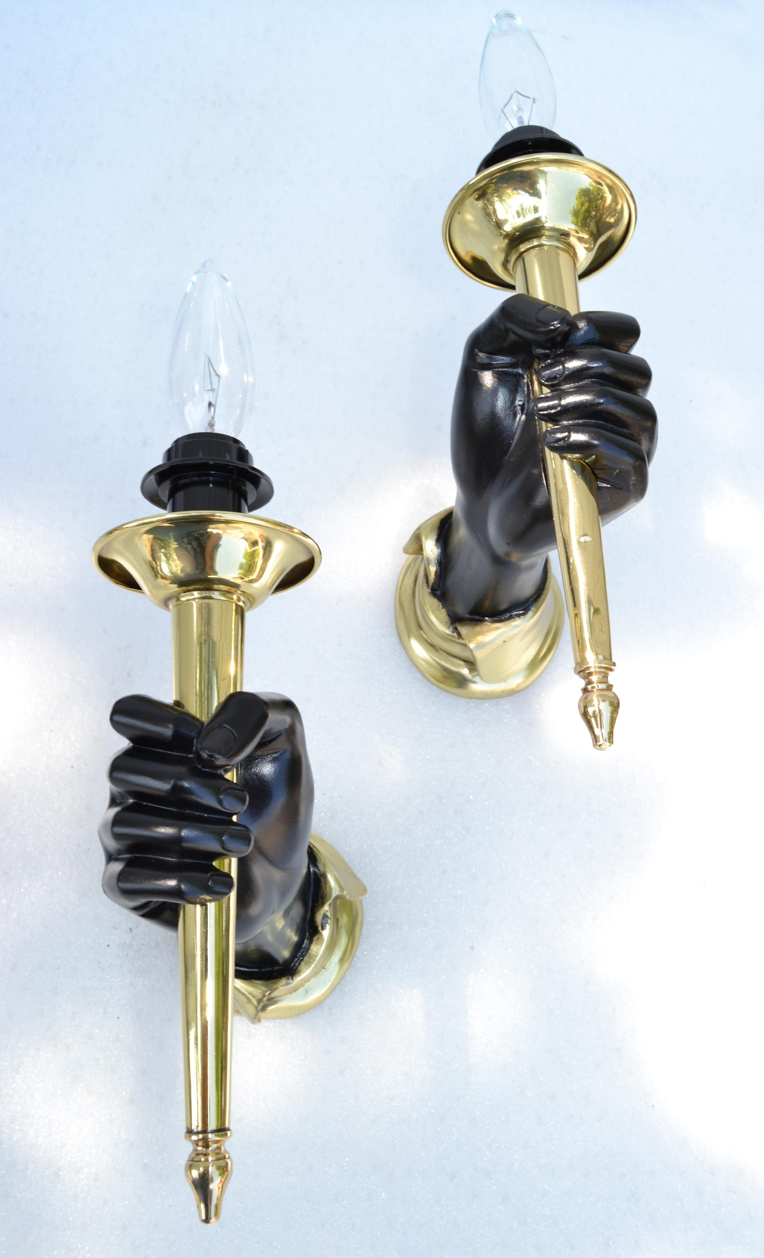 Andre Arbus Apliques de Bronce Acabado Negro Luz de Mano, Aplique 1950 Pareja en Bueno estado para la venta en Miami, FL