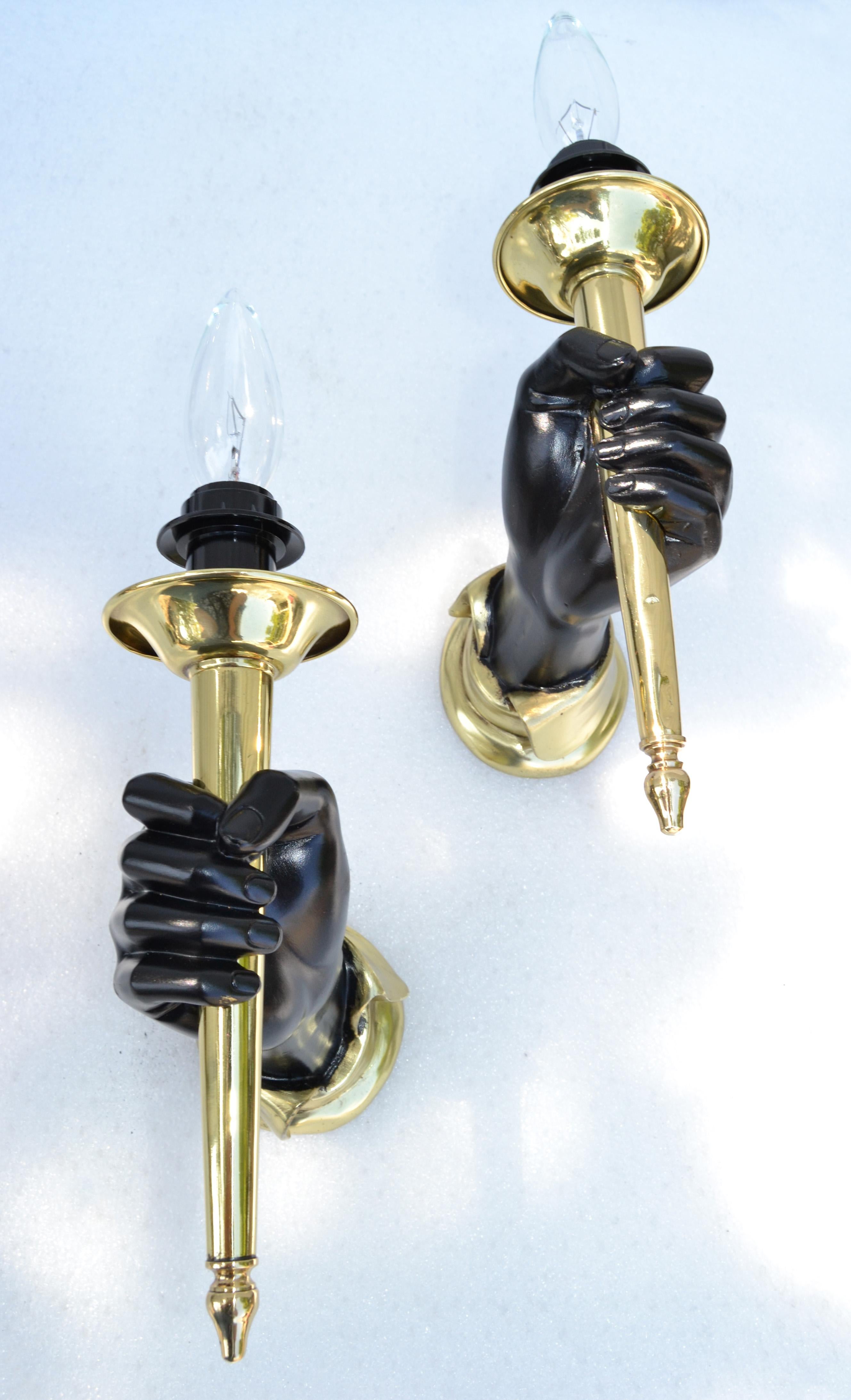 French Andre Arbus Bronze Sconces Black Finish Hand Holding Light, Wall Lamp 1950 Pair For Sale